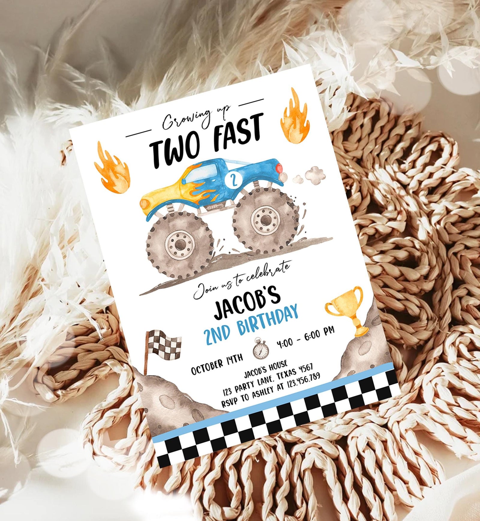 Editable Monster Truck Birthday Invitation Growing Up Two Fast Bash Blue Second Birthday 2nd Boy Digital Download Template Printable 0541