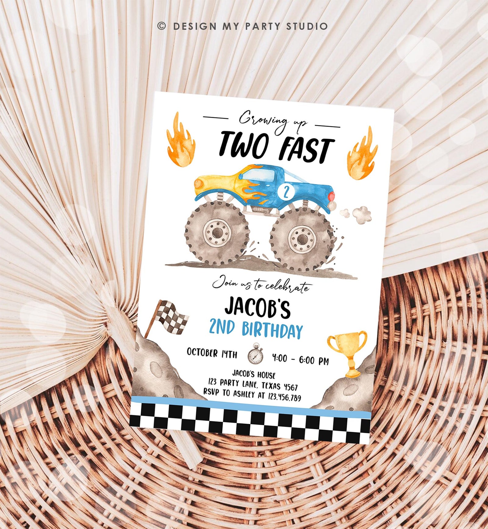 Editable Monster Truck Birthday Invitation Growing Up Two Fast Bash Blue Second Birthday 2nd Boy Digital Download Template Printable 0541