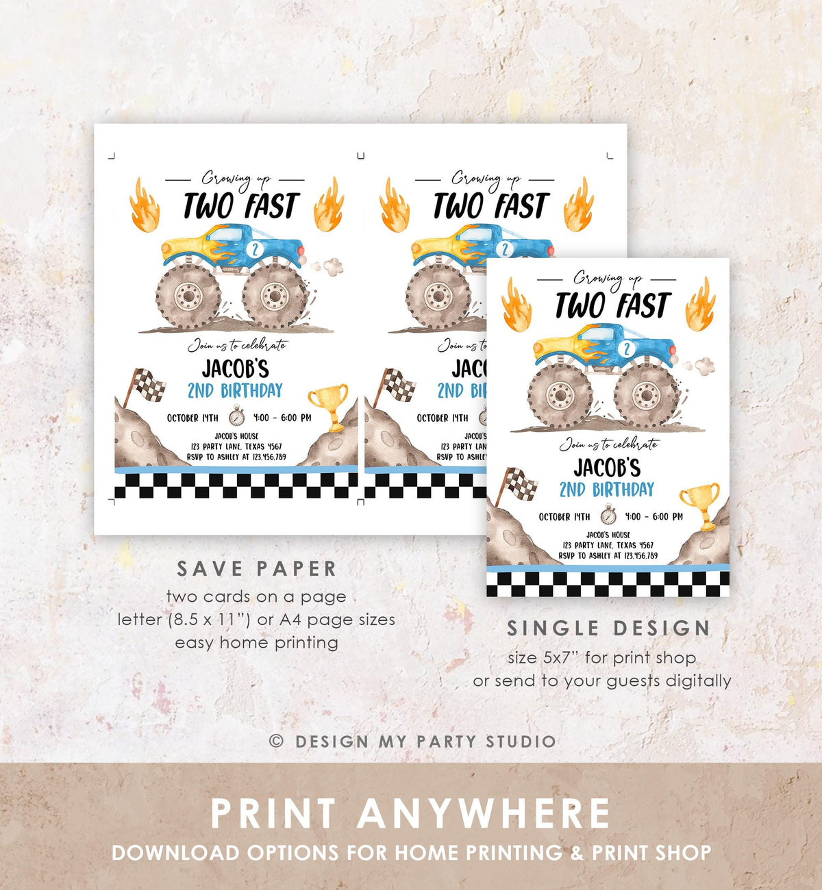 Editable Monster Truck Birthday Invitation Growing Up Two Fast Bash Blue Second Birthday 2nd Boy Digital Download Template Printable 0541