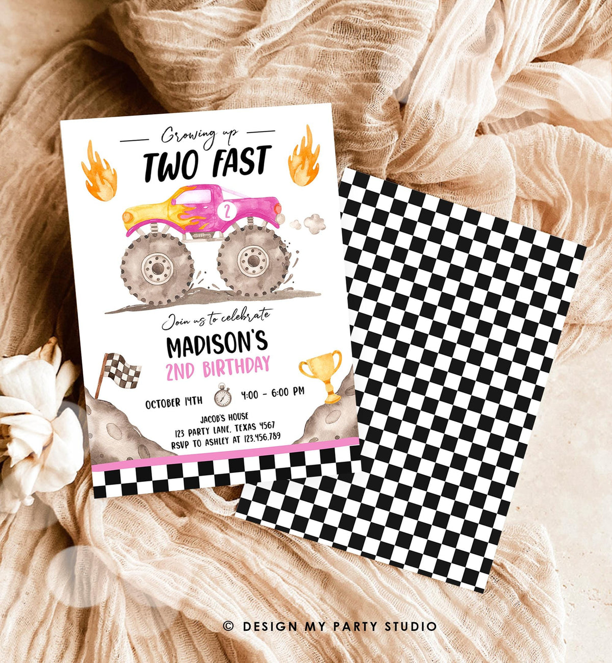 Editable Monster Truck Birthday Invitation Growing Up Two Fast Bash Pink Second Birthday 2nd Girl Digital Download Template Printable 0541