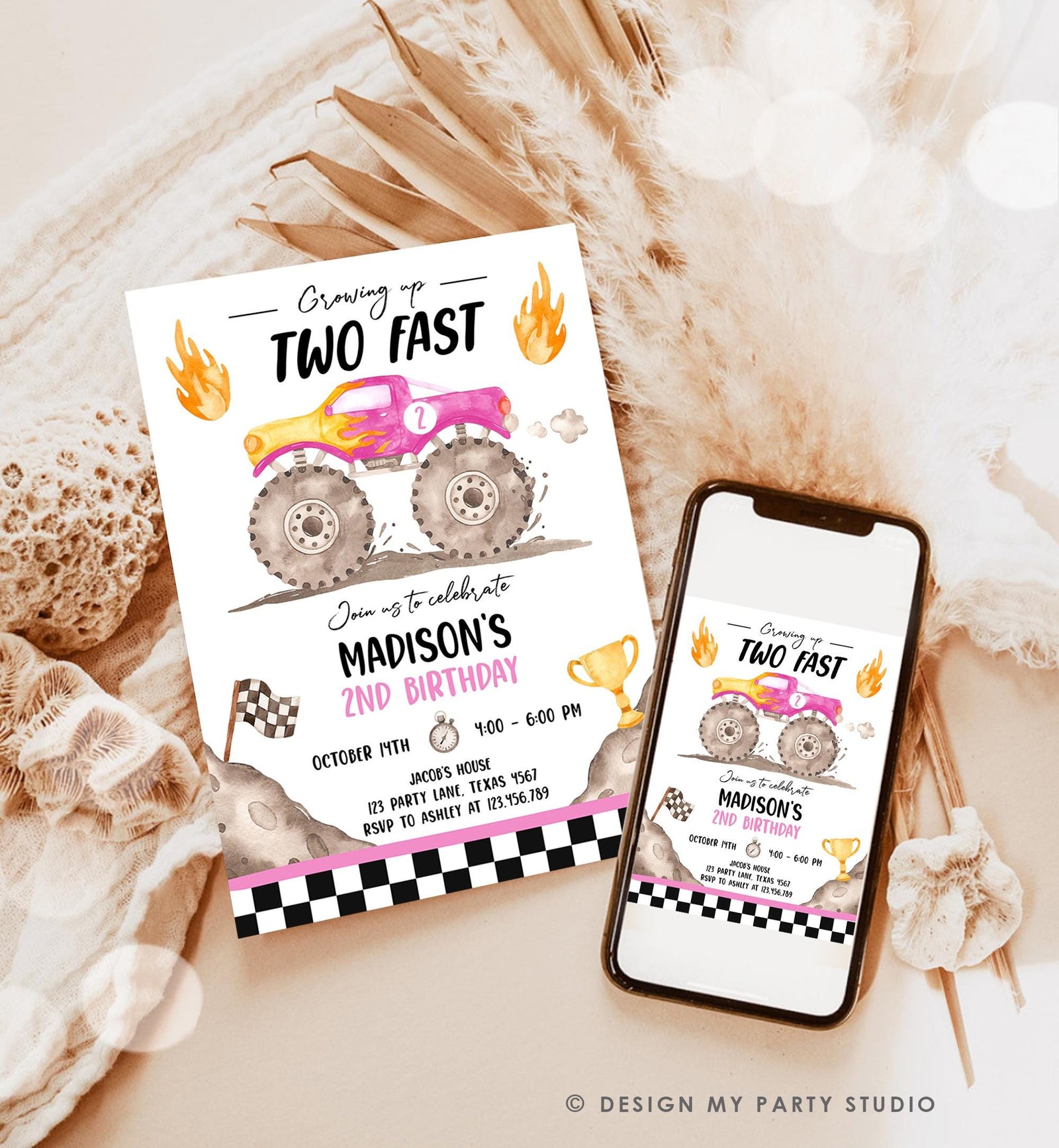 Editable Monster Truck Birthday Invitation Growing Up Two Fast Bash Pink Second Birthday 2nd Girl Digital Download Template Printable 0541