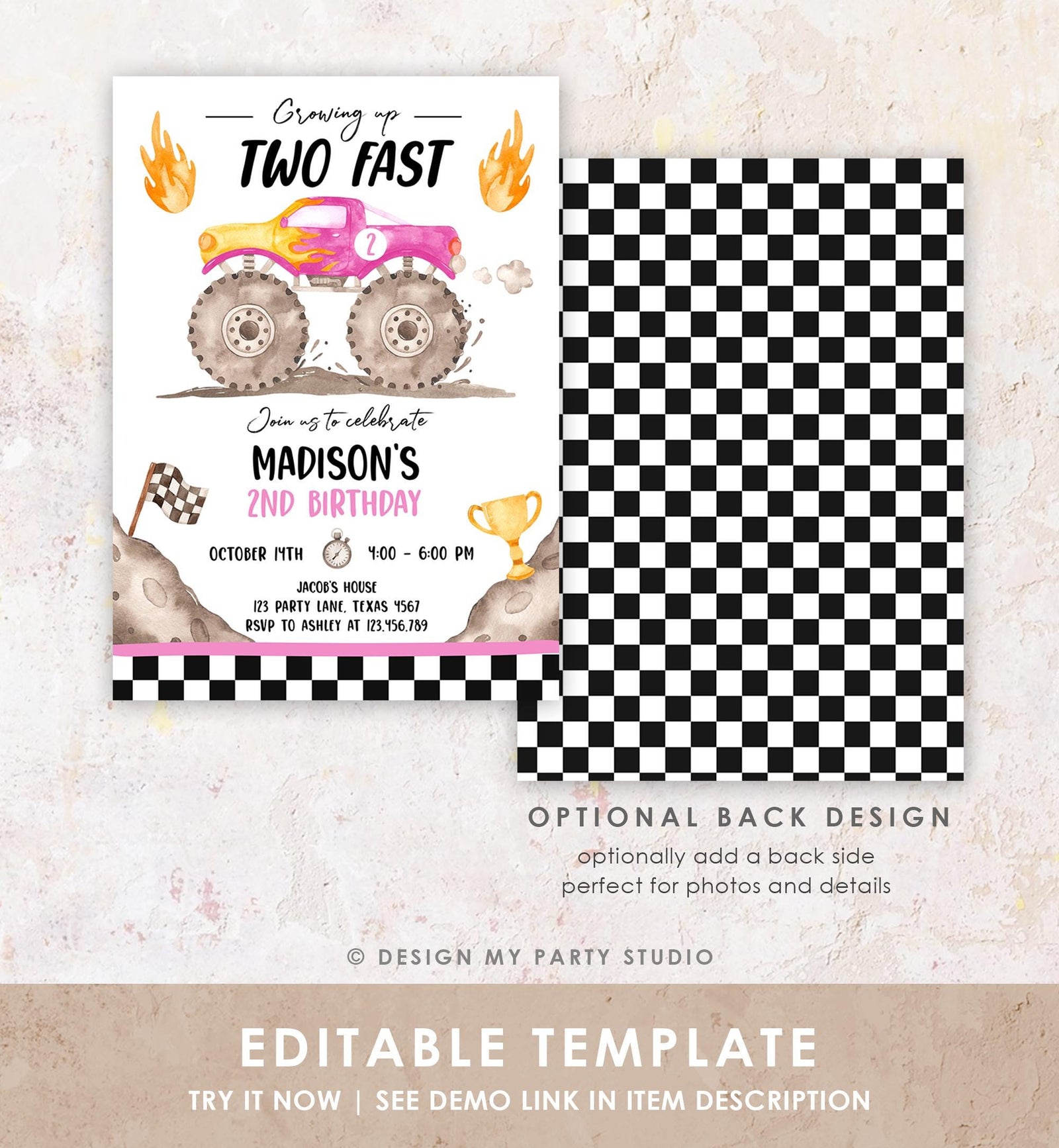 Editable Monster Truck Birthday Invitation Growing Up Two Fast Bash Pink Second Birthday 2nd Girl Digital Download Template Printable 0541