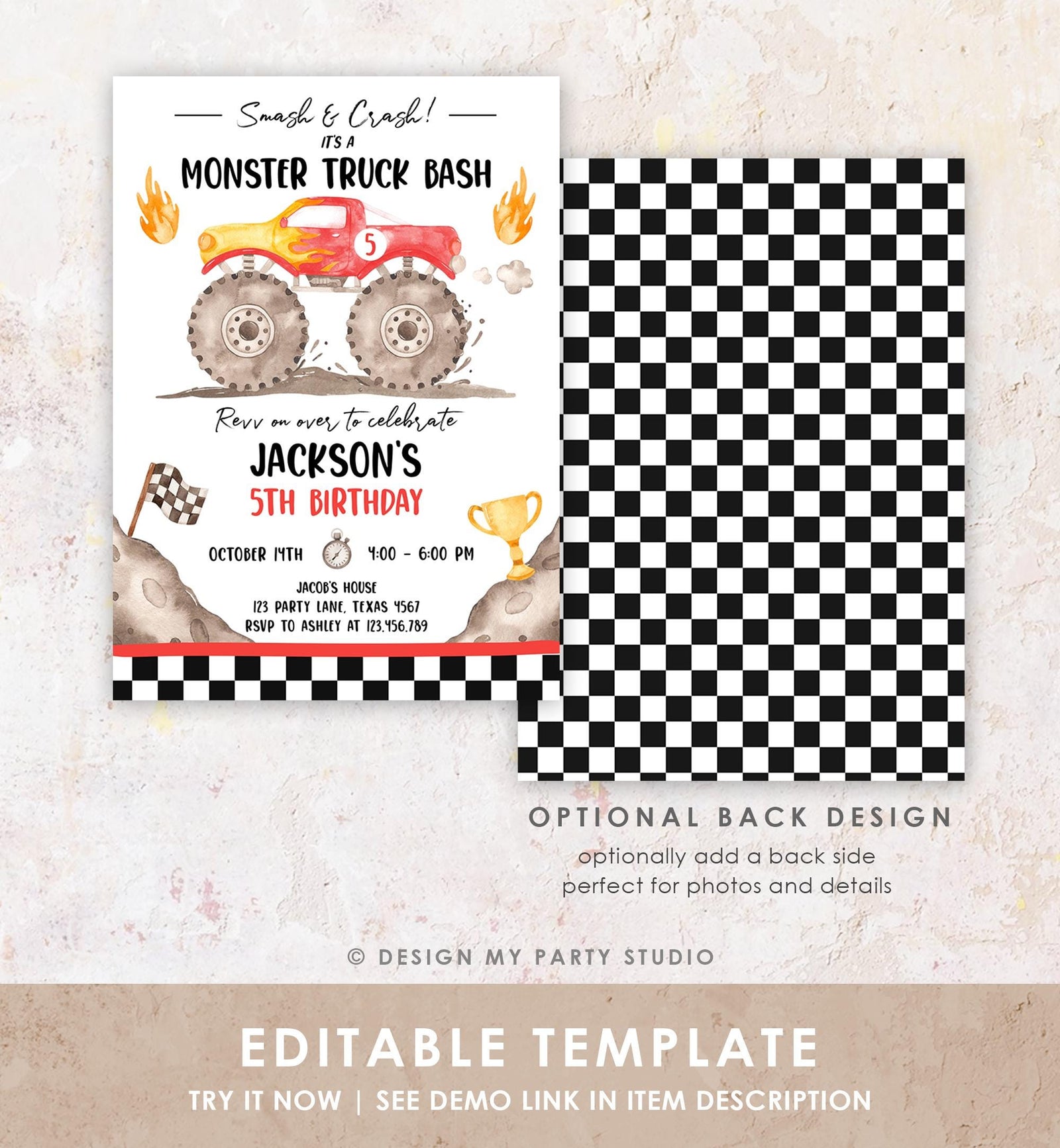 Editable Monster Truck Birthday Invitation Smash and Crash Monster Truck Bash Red Revv on Over Boy Digital Download Template Printable 0541