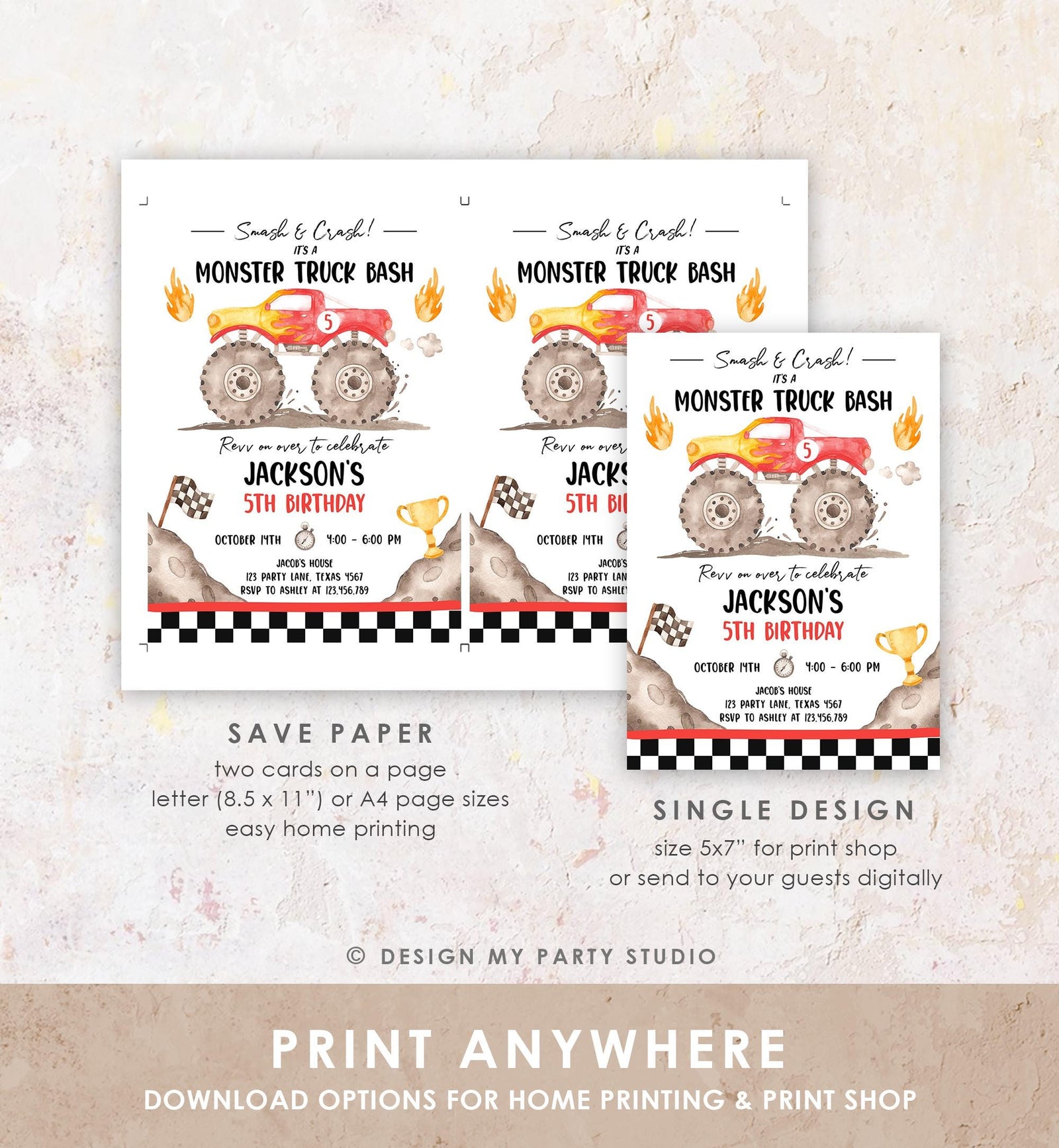 Editable Monster Truck Birthday Invitation Smash and Crash Monster Truck Bash Red Revv on Over Boy Digital Download Template Printable 0541