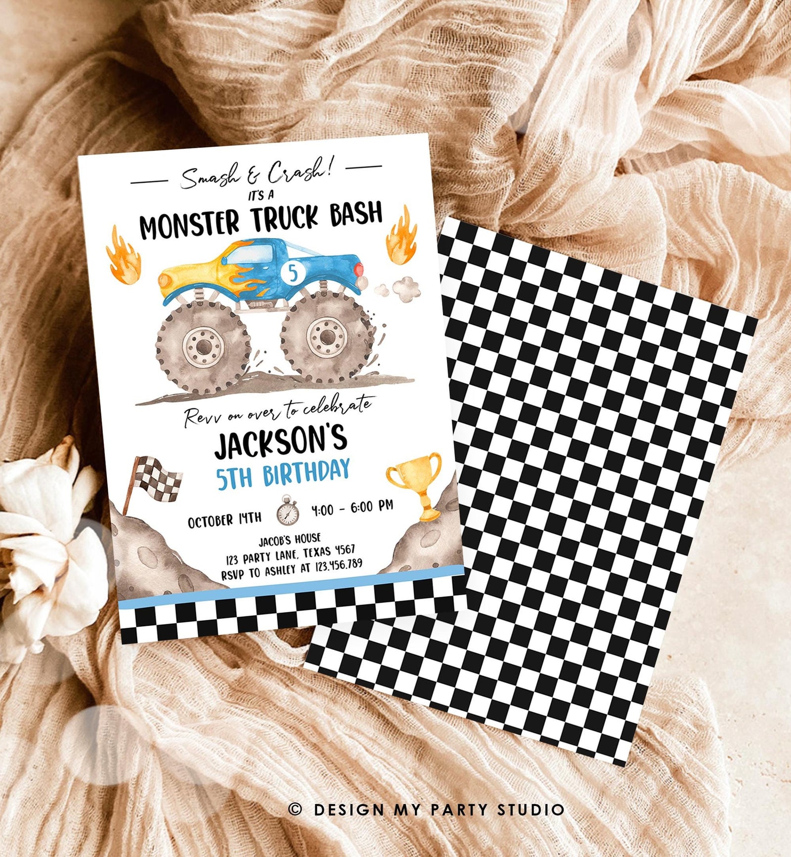 Editable Monster Truck Birthday Invitation Smash and Crash Monster Truck Bash Blue Revv on Over Boy Digital Download Template Printable 0541