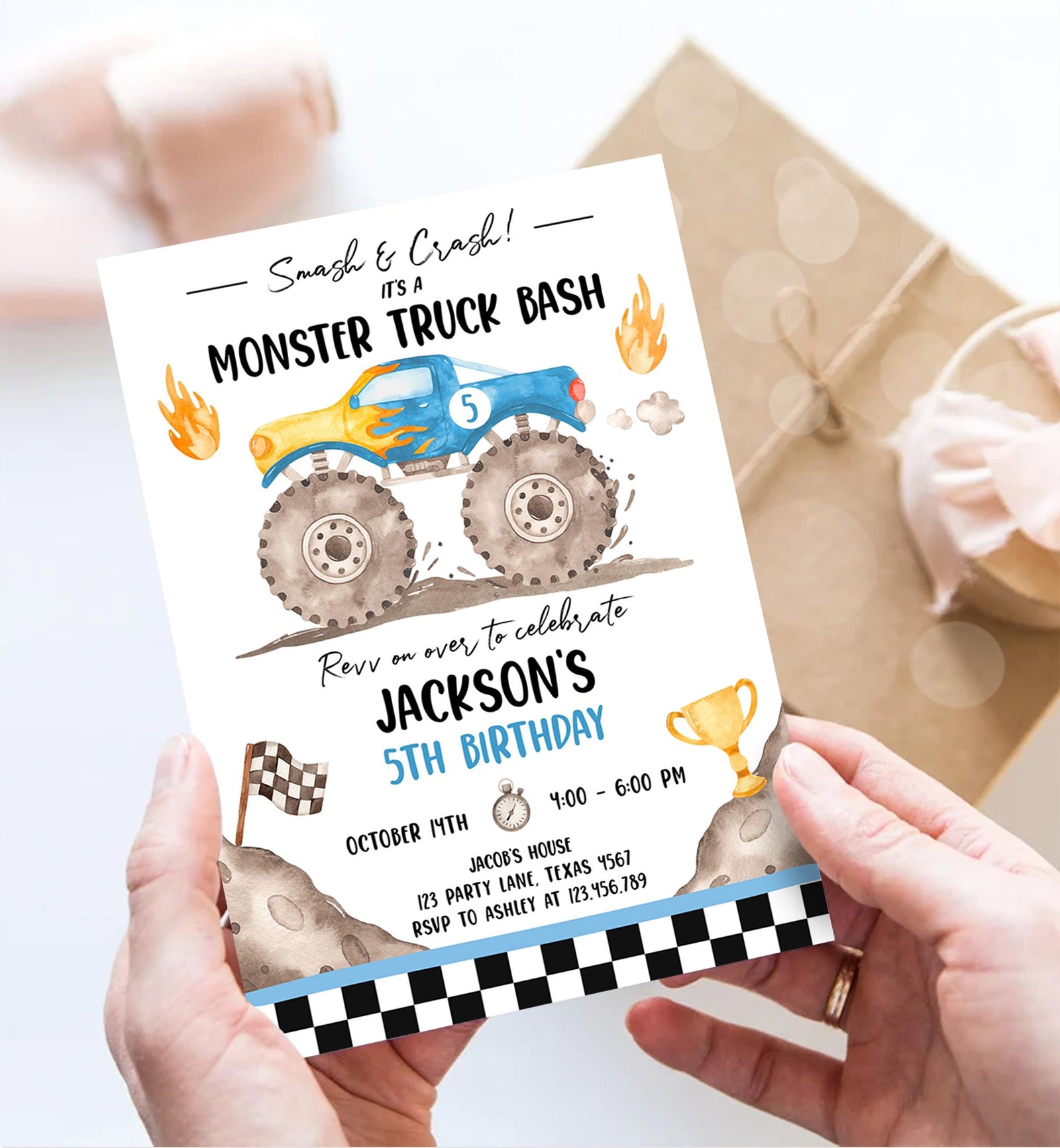 Editable Monster Truck Birthday Invitation Smash and Crash Monster Truck Bash Blue Revv on Over Boy Digital Download Template Printable 0541