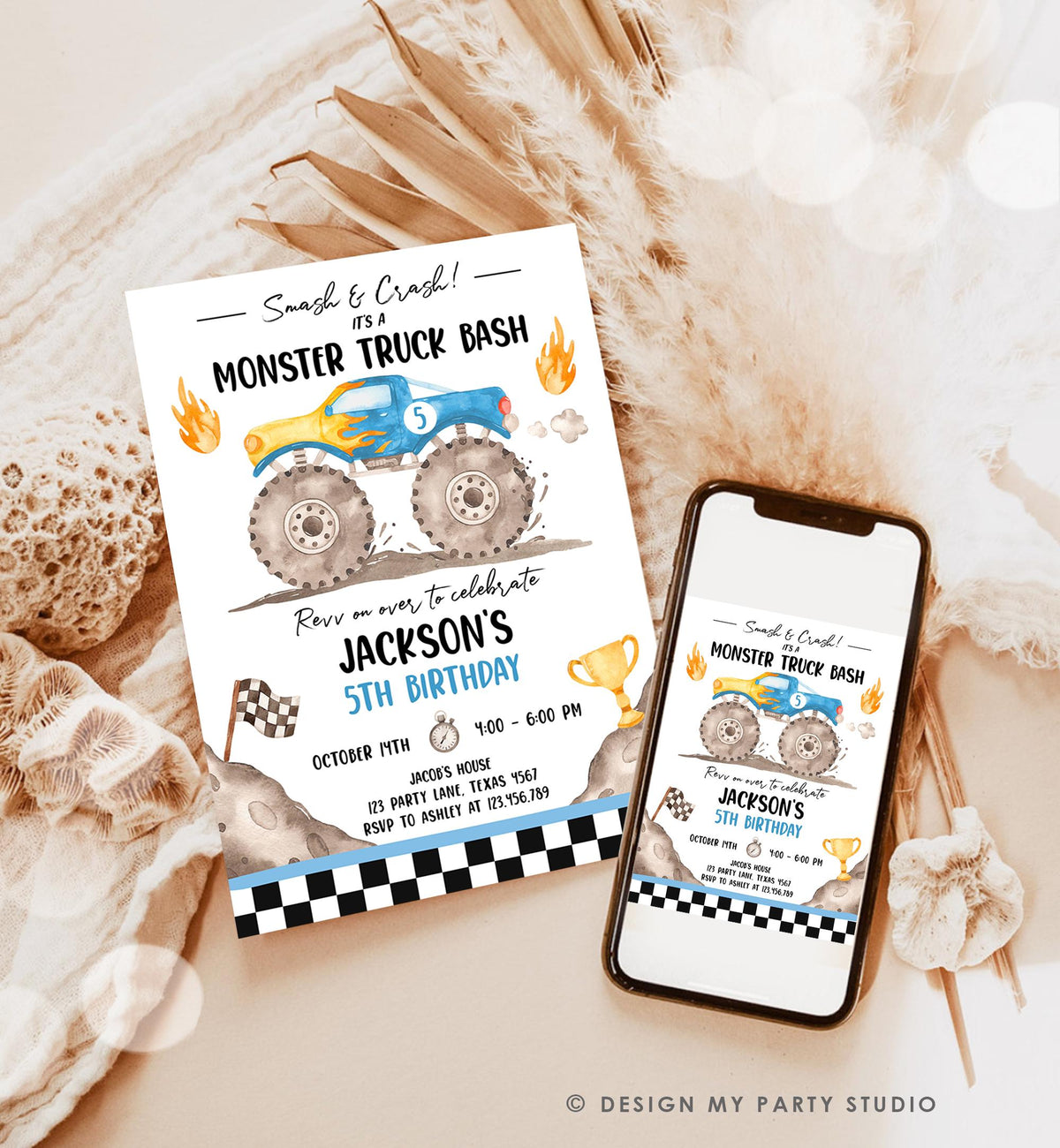 Editable Monster Truck Birthday Invitation Smash and Crash Monster Truck Bash Blue Revv on Over Boy Digital Download Template Printable 0541