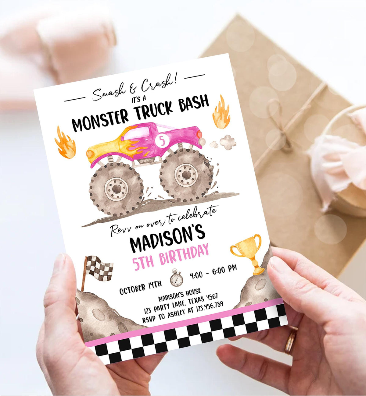 Editable Monster Truck Birthday Invitation Smash and Crash Monster Truck Bash Pink Revv on Over Boy Digital Download Template Printable 0541