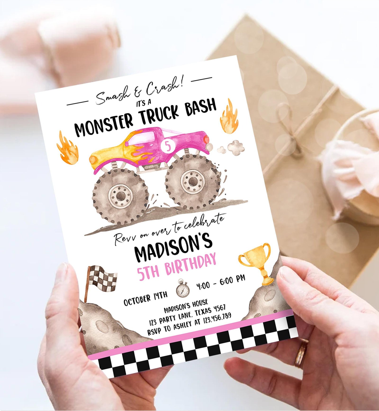 Editable Monster Truck Birthday Invitation Smash and Crash Monster Truck Bash Pink Revv on Over Boy Digital Download Template Printable 0541