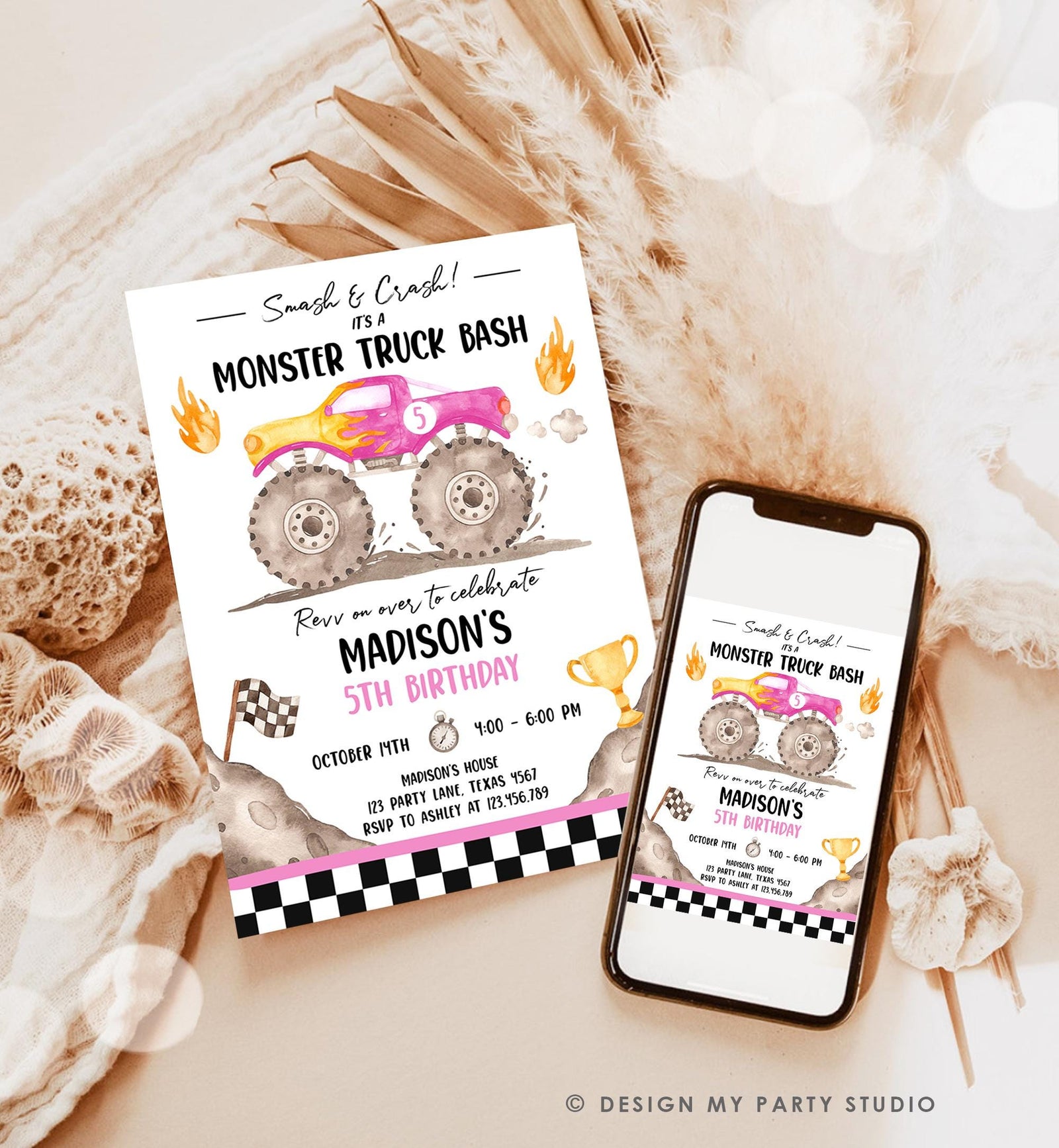 Editable Monster Truck Birthday Invitation Smash and Crash Monster Truck Bash Pink Revv on Over Boy Digital Download Template Printable 0541