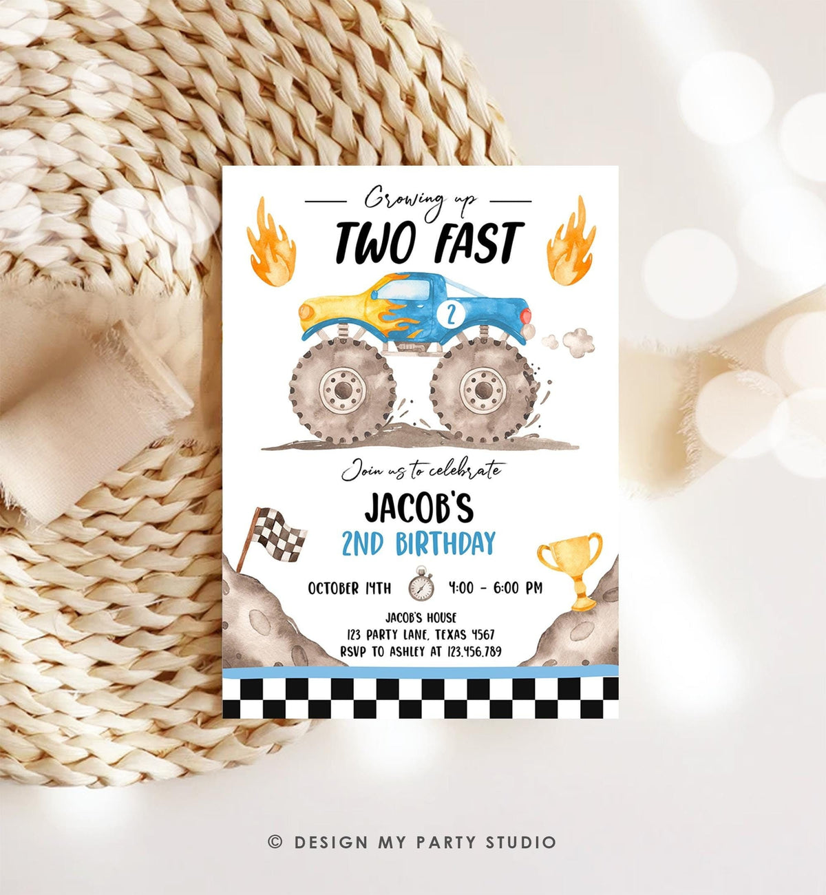 Editable Monster Truck Birthday Invitation Growing Up Two Fast Bash Blue Second Birthday 2nd Boy Digital Download Template Printable 0541