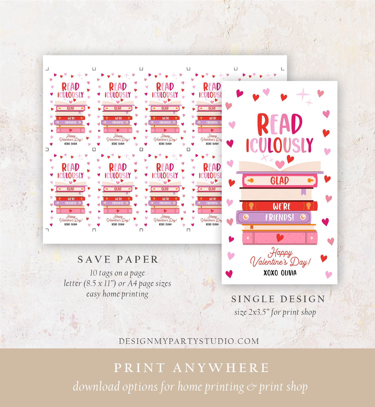 Editable Bookmark Valentine&#39;s Day Gift Tag Valentines Card Readiculously Glad we&#39;re Friends Kids School Class Daycare Digital Printable 0370