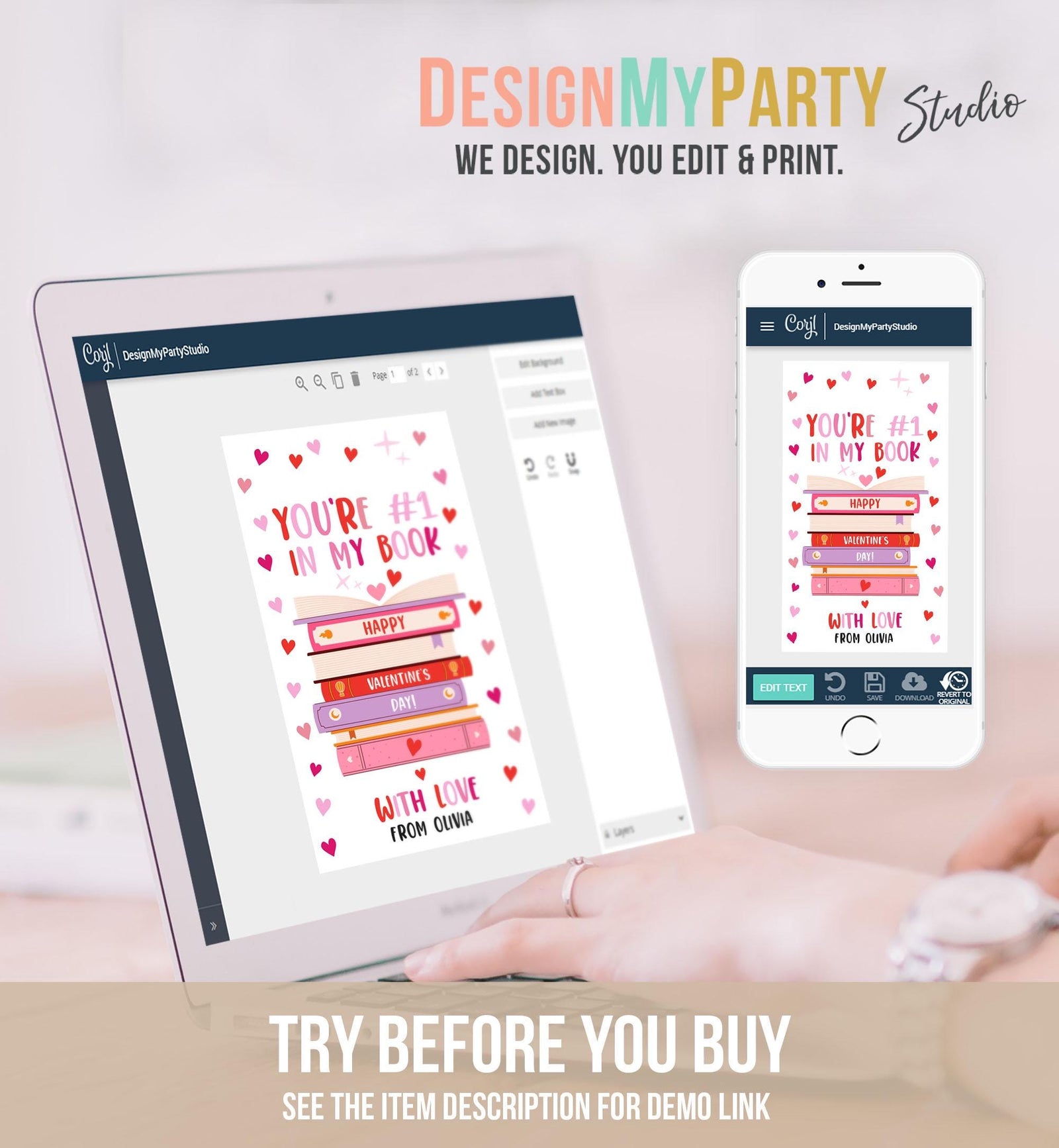 Editable Bookmark Valentine's Day Gift Tag Valentines Card #1 in My Book Valentine Kids School Class Daycare Digital Download Printable 0370