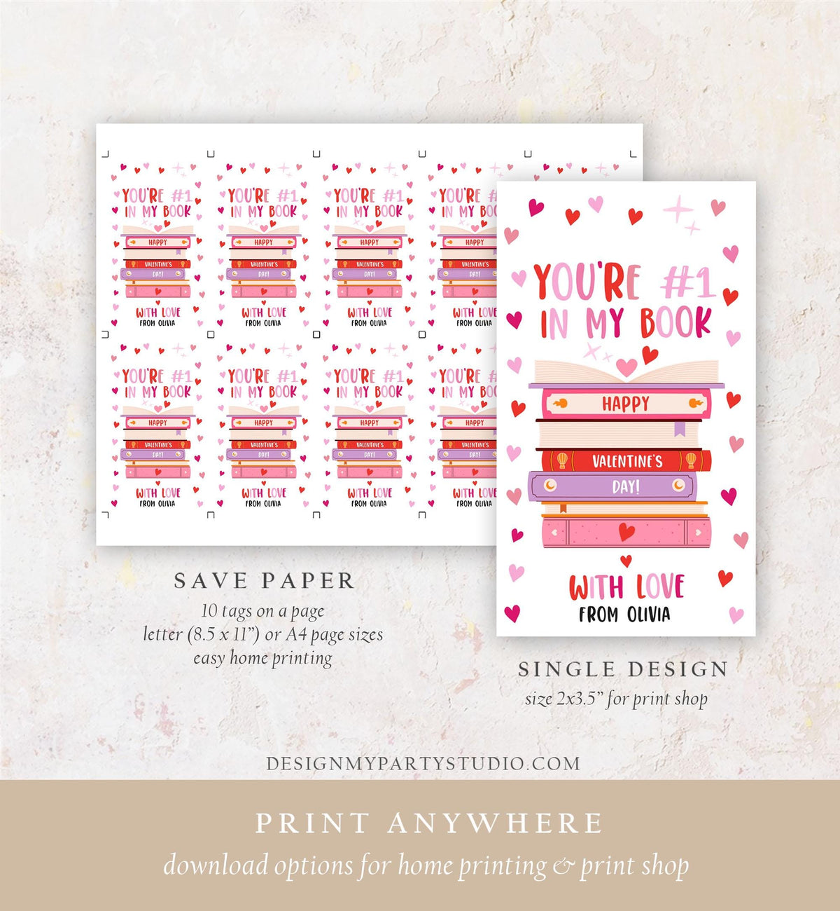 Editable Bookmark Valentine&#39;s Day Gift Tag Valentines Card #1 in My Book Valentine Kids School Class Daycare Digital Download Printable 0370