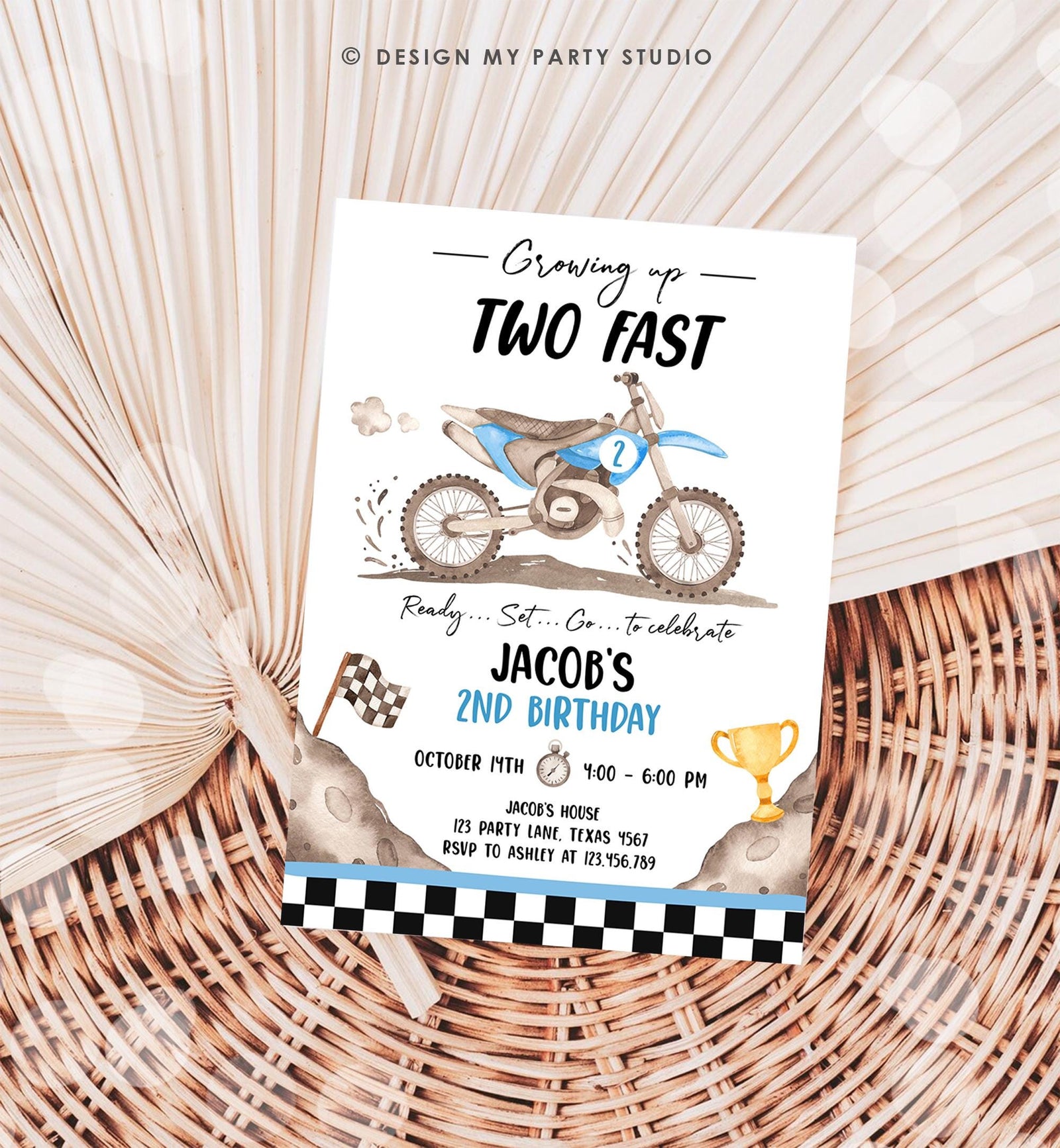 Editable Dirt Bike Birthday Invitation Growing Up Two Fast Motorbike Biking Motor Cross Blue Boy 2nd Second Digital Template Printable 0542