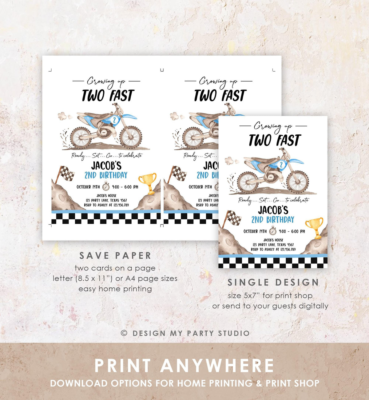 Editable Dirt Bike Birthday Invitation Growing Up Two Fast Motorbike Biking Motor Cross Blue Boy 2nd Second Digital Template Printable 0542
