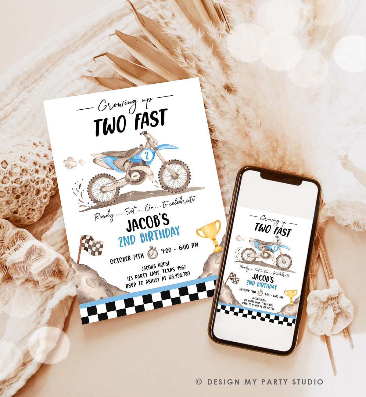 Editable Dirt Bike Birthday Invitation Growing Up Two Fast Motorbike Biking Motor Cross Blue Boy 2nd Second Digital Template Printable 0542