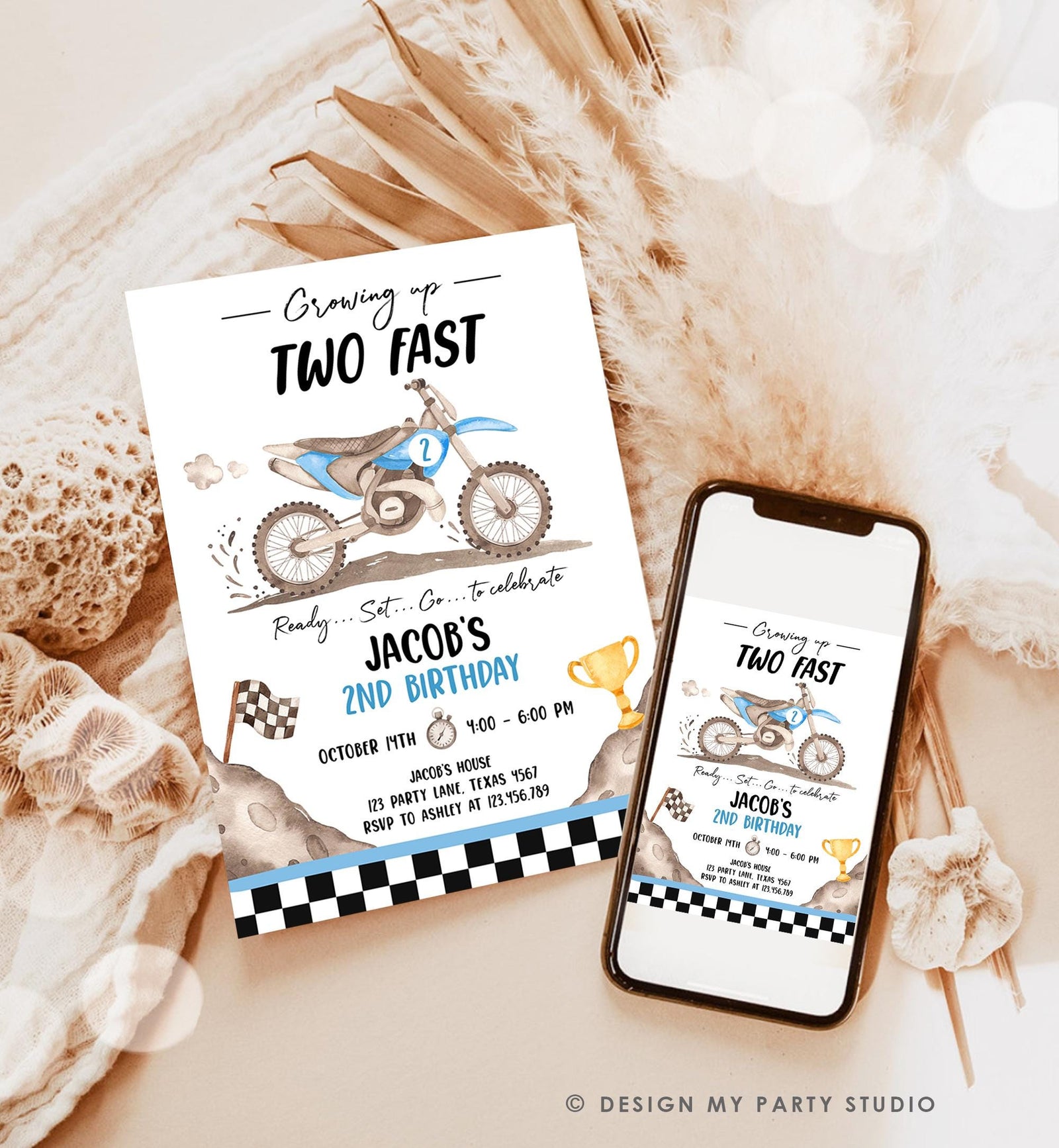 Editable Dirt Bike Birthday Invitation Growing Up Two Fast Motorbike Biking Motor Cross Blue Boy 2nd Second Digital Template Printable 0542