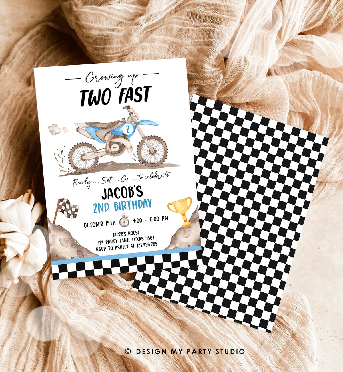 Editable Dirt Bike Birthday Invitation Growing Up Two Fast Motorbike Biking Motor Cross Blue Boy 2nd Second Digital Template Printable 0542