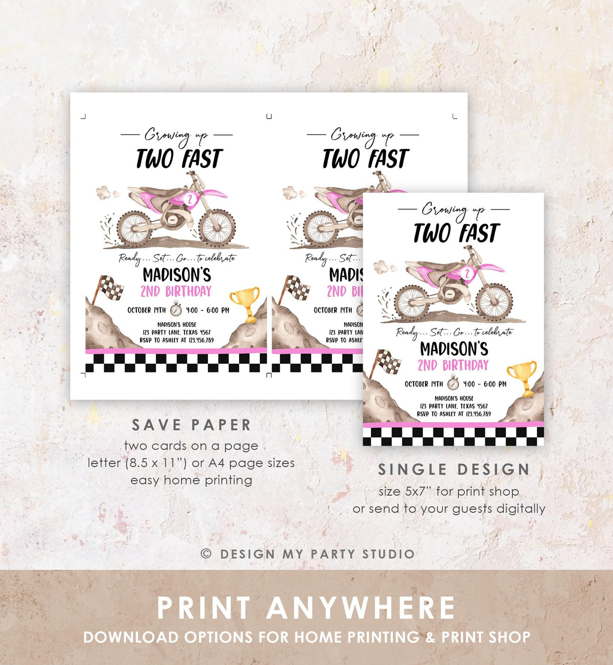 Editable Dirt Bike Birthday Invitation Growing Up Two Fast Motorbike Biking Motor Cross Pink Girl 2nd Second Digital Template Printable 0542