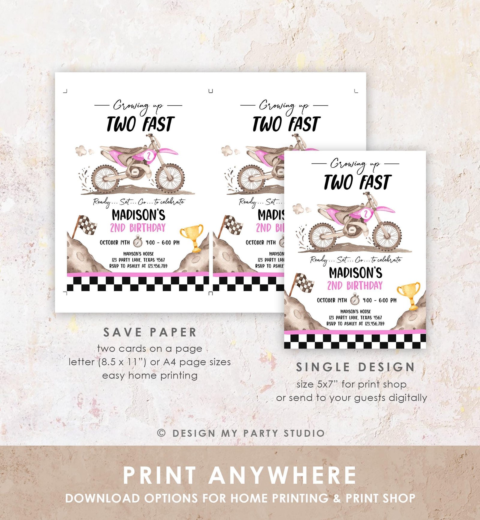 Editable Dirt Bike Birthday Invitation Growing Up Two Fast Motorbike Biking Motor Cross Pink Girl 2nd Second Digital Template Printable 0542
