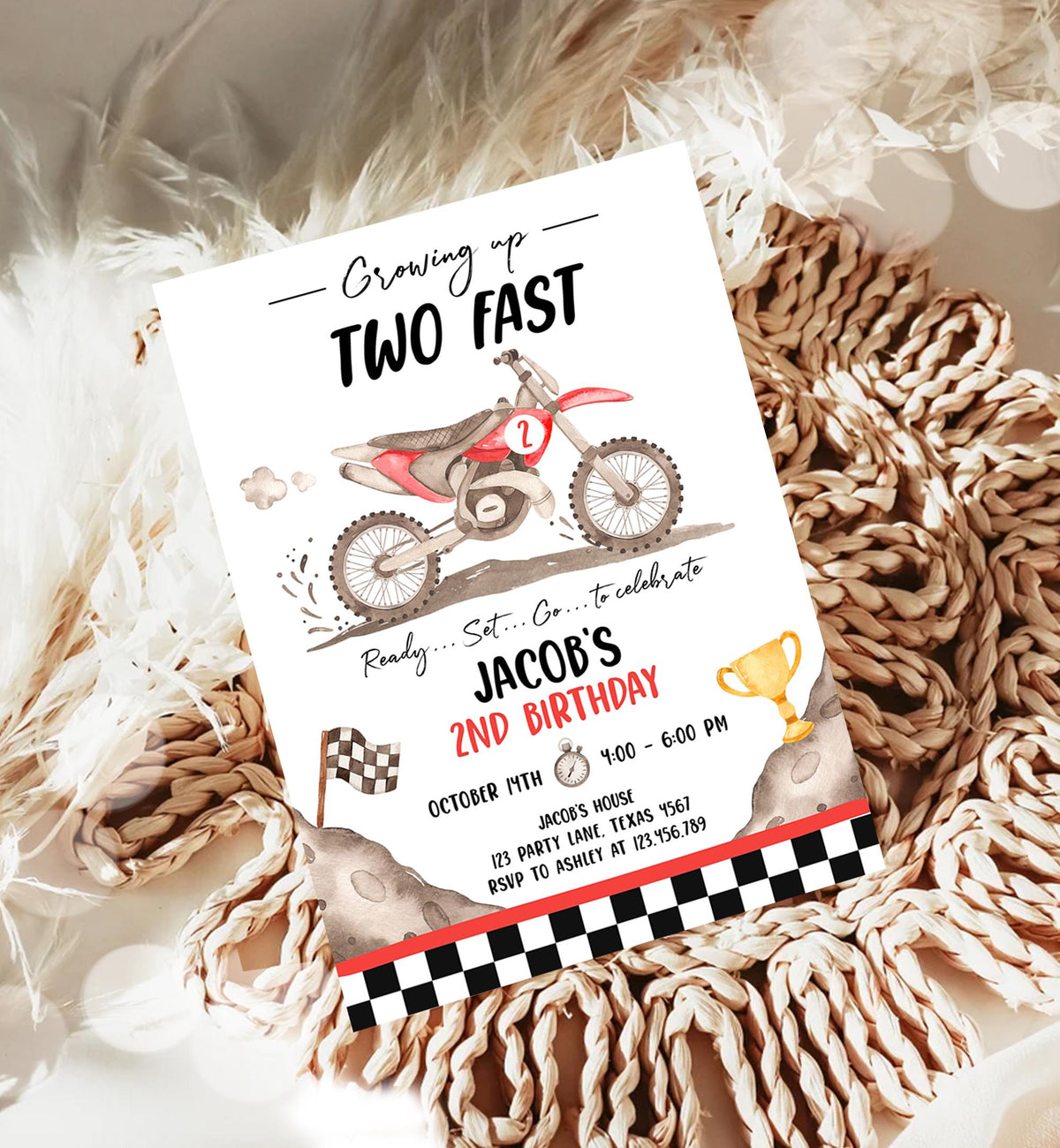 Editable Dirt Bike Birthday Invitation Growing Up Two Fast Motorbike Biking Motor Cross Blue Boy 2nd Second Digital Template Printable 0542