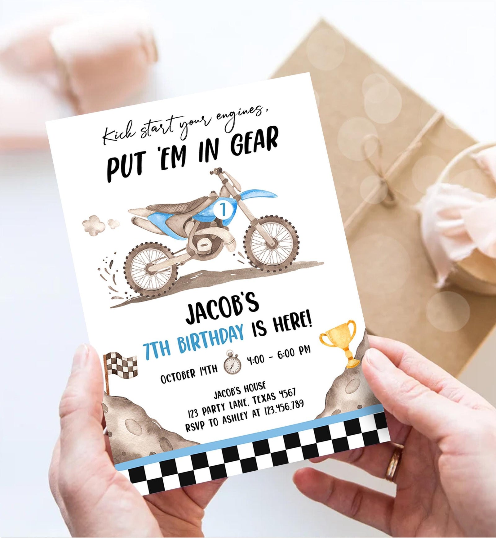 Editable Dirt Bike Birthday Invitation Start Engines Race on Over Motorbike Biking Motor Cross Blue Boy Digital Template Printable 0542