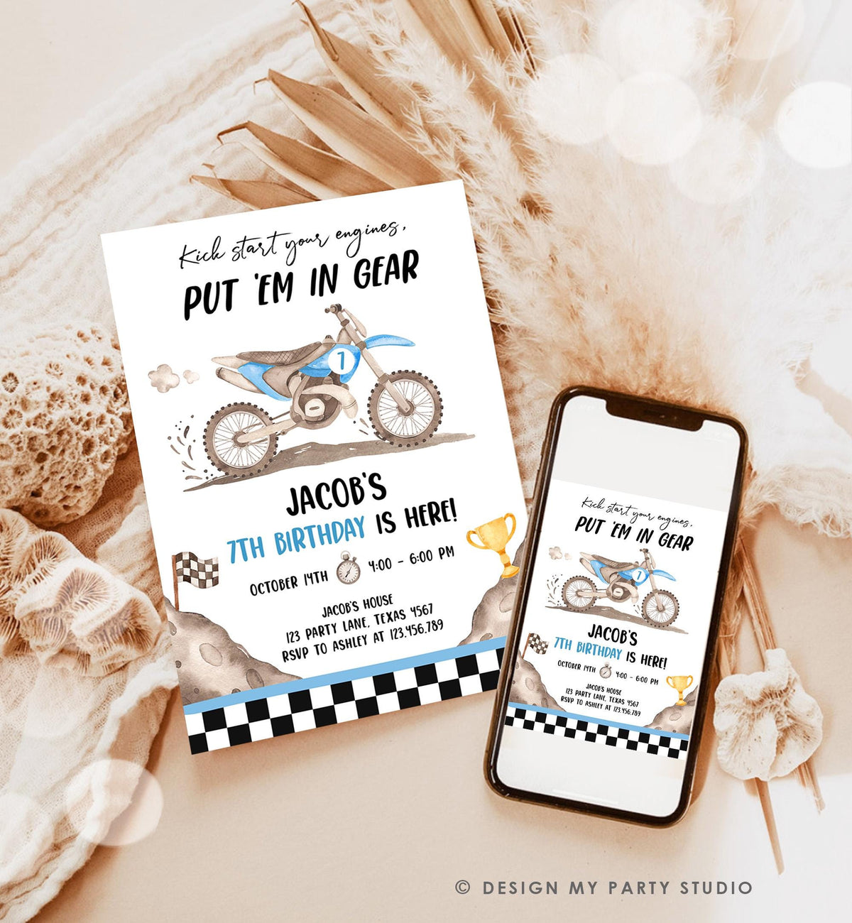 Editable Dirt Bike Birthday Invitation Start Engines Race on Over Motorbike Biking Motor Cross Blue Boy Digital Template Printable 0542