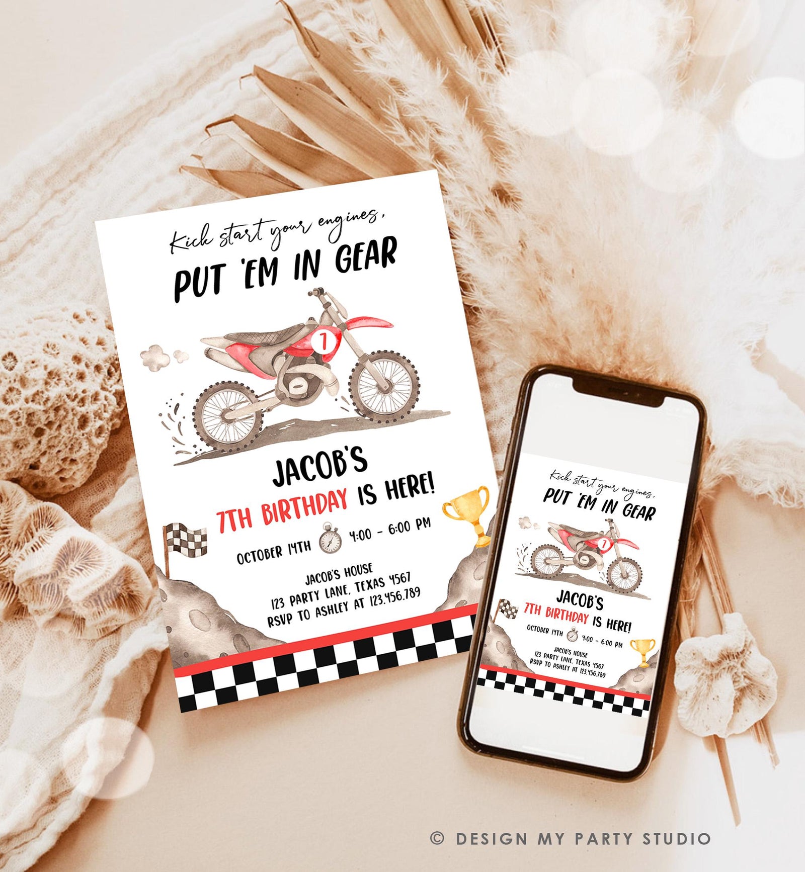 Editable Dirt Bike Birthday Invitation Start Engines Race on Over Motorbike Biking Motor Cross Red Boy Digital Template Printable 0542