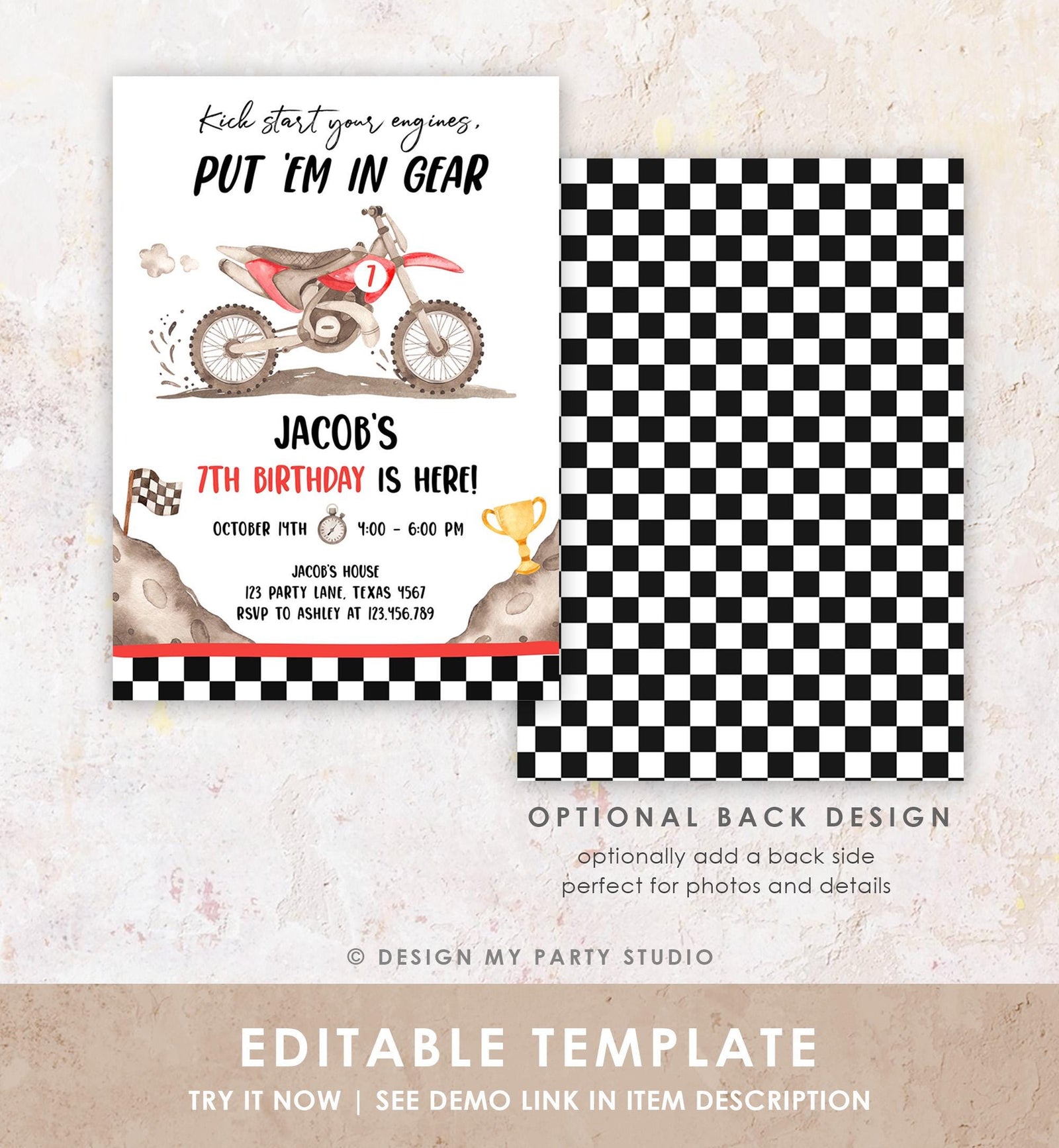 Editable Dirt Bike Birthday Invitation Start Engines Race on Over Motorbike Biking Motor Cross Red Boy Digital Template Printable 0542