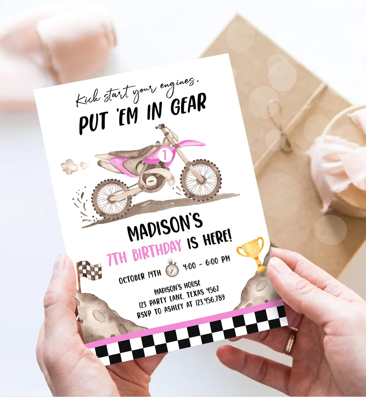 Editable Dirt Bike Birthday Invitation Start Engines Race on Over Motorbike Biking Motor Cross Pink Girl Digital Template Printable 0542
