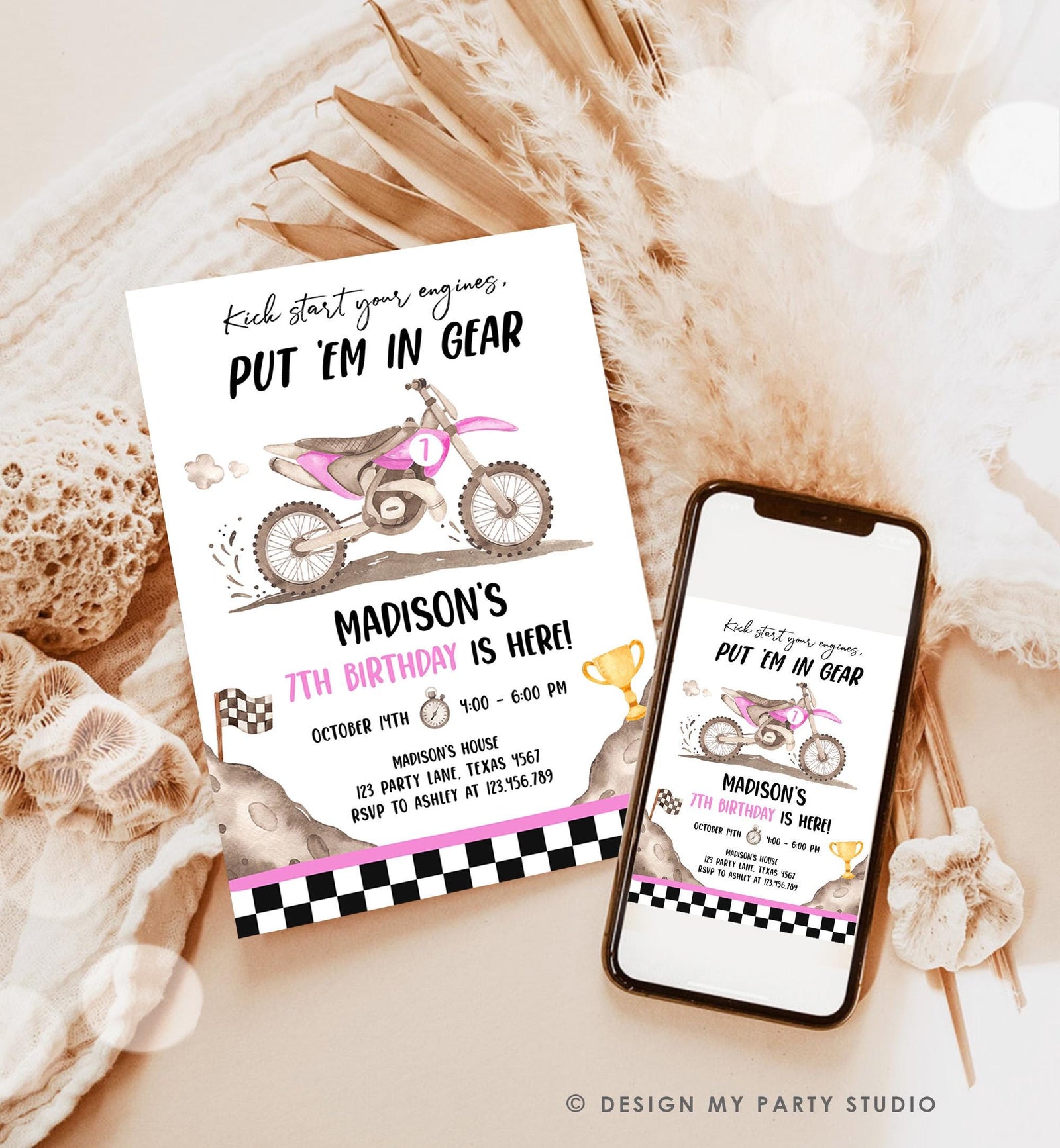 Editable Dirt Bike Birthday Invitation Start Engines Race on Over Motorbike Biking Motor Cross Pink Girl Digital Template Printable 0542