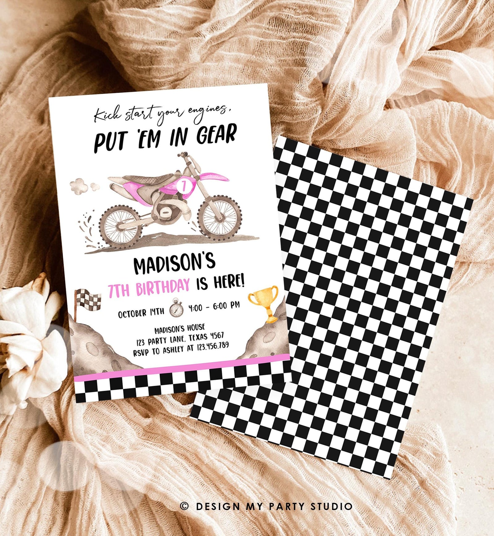 Editable Dirt Bike Birthday Invitation Start Engines Race on Over Motorbike Biking Motor Cross Pink Girl Digital Template Printable 0542