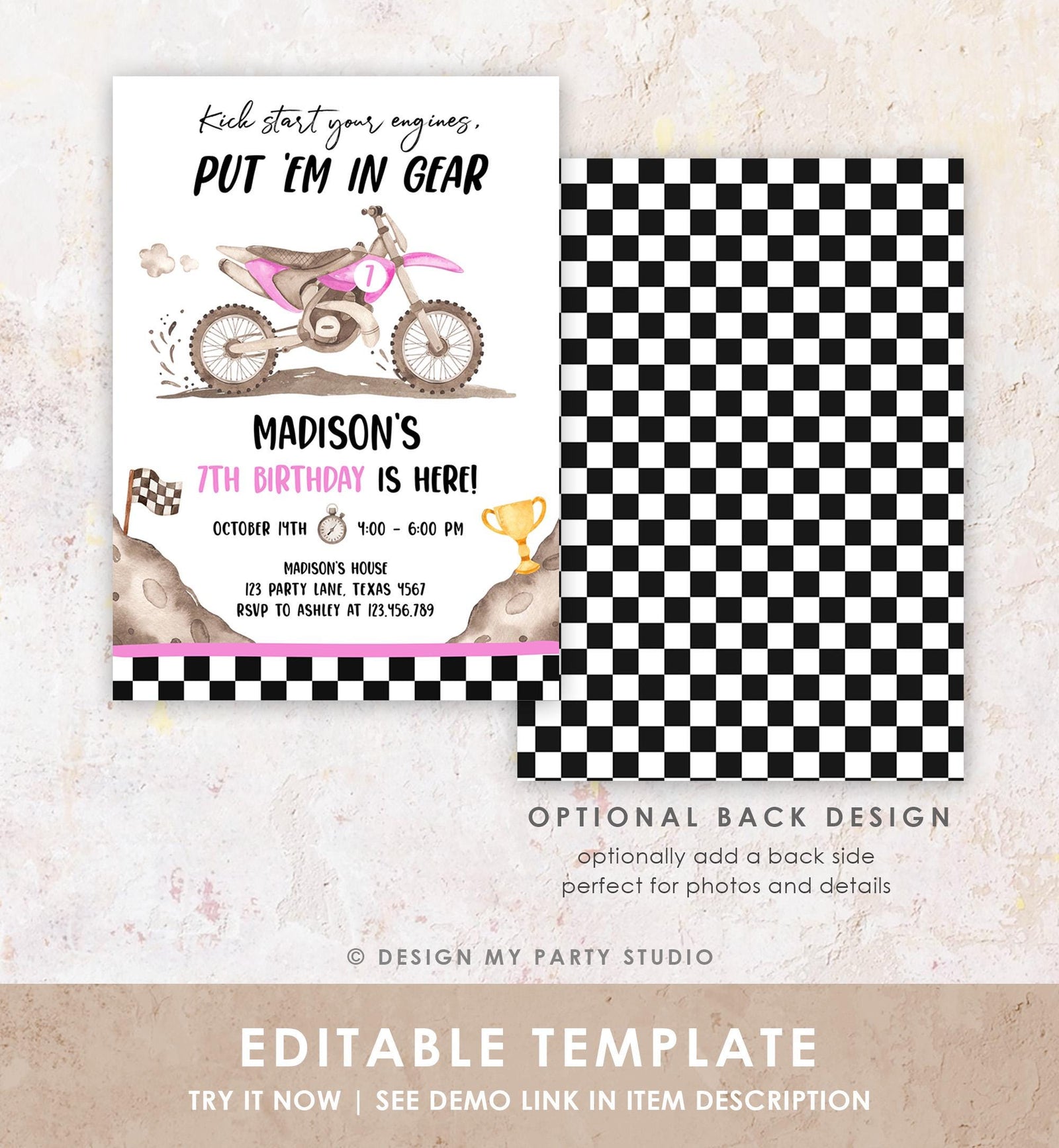 Editable Dirt Bike Birthday Invitation Start Engines Race on Over Motorbike Biking Motor Cross Pink Girl Digital Template Printable 0542
