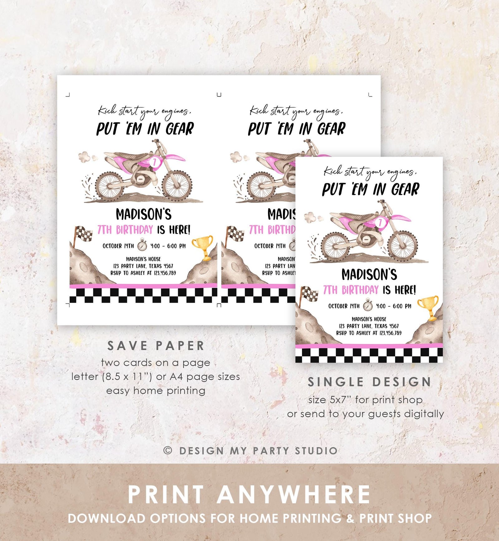 Editable Dirt Bike Birthday Invitation Start Engines Race on Over Motorbike Biking Motor Cross Pink Girl Digital Template Printable 0542