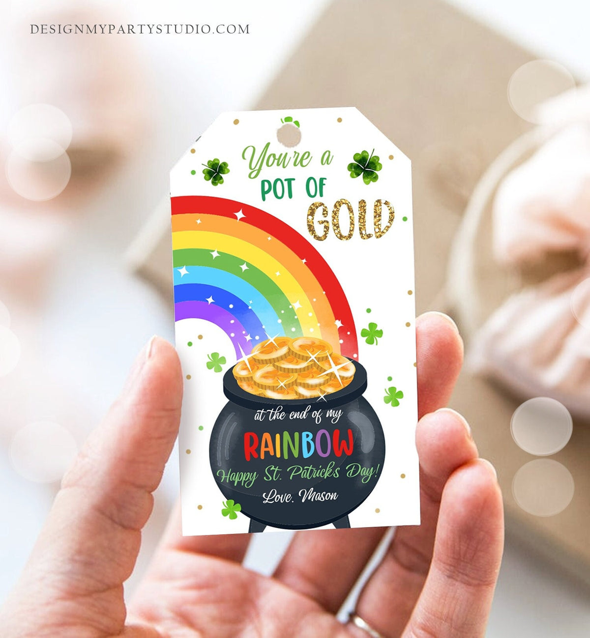 Editable St. Patrick&#39;s Day Tag Pot of Gold Favor Tags Glassroom Gift Kids Rainbow Party Friend Class Treats Digital Template Printable 0451