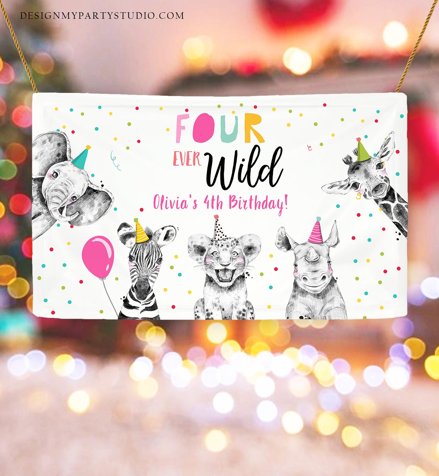Editable Party Animals Four Ever Wild Backdrop Banner Safari Animals Girl Pink Fourth Birthday Welcome Corjl Template Printable 0390