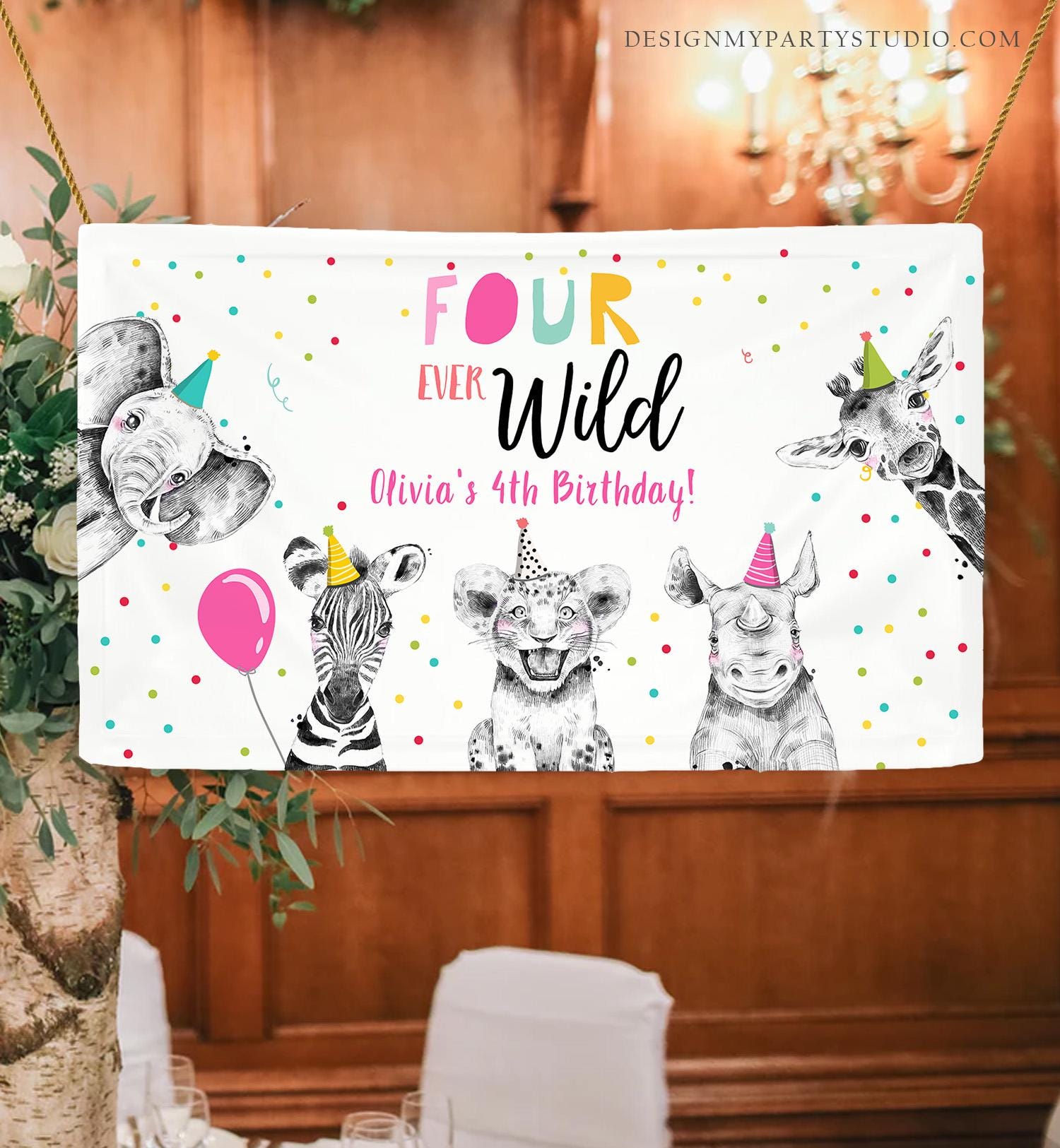 Editable Party Animals Four Ever Wild Backdrop Banner Safari Animals Girl Pink Fourth Birthday Welcome Corjl Template Printable 0390