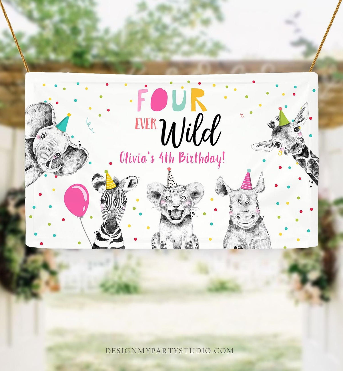 Editable Party Animals Four Ever Wild Backdrop Banner Safari Animals Girl Pink Fourth Birthday Welcome Corjl Template Printable 0390