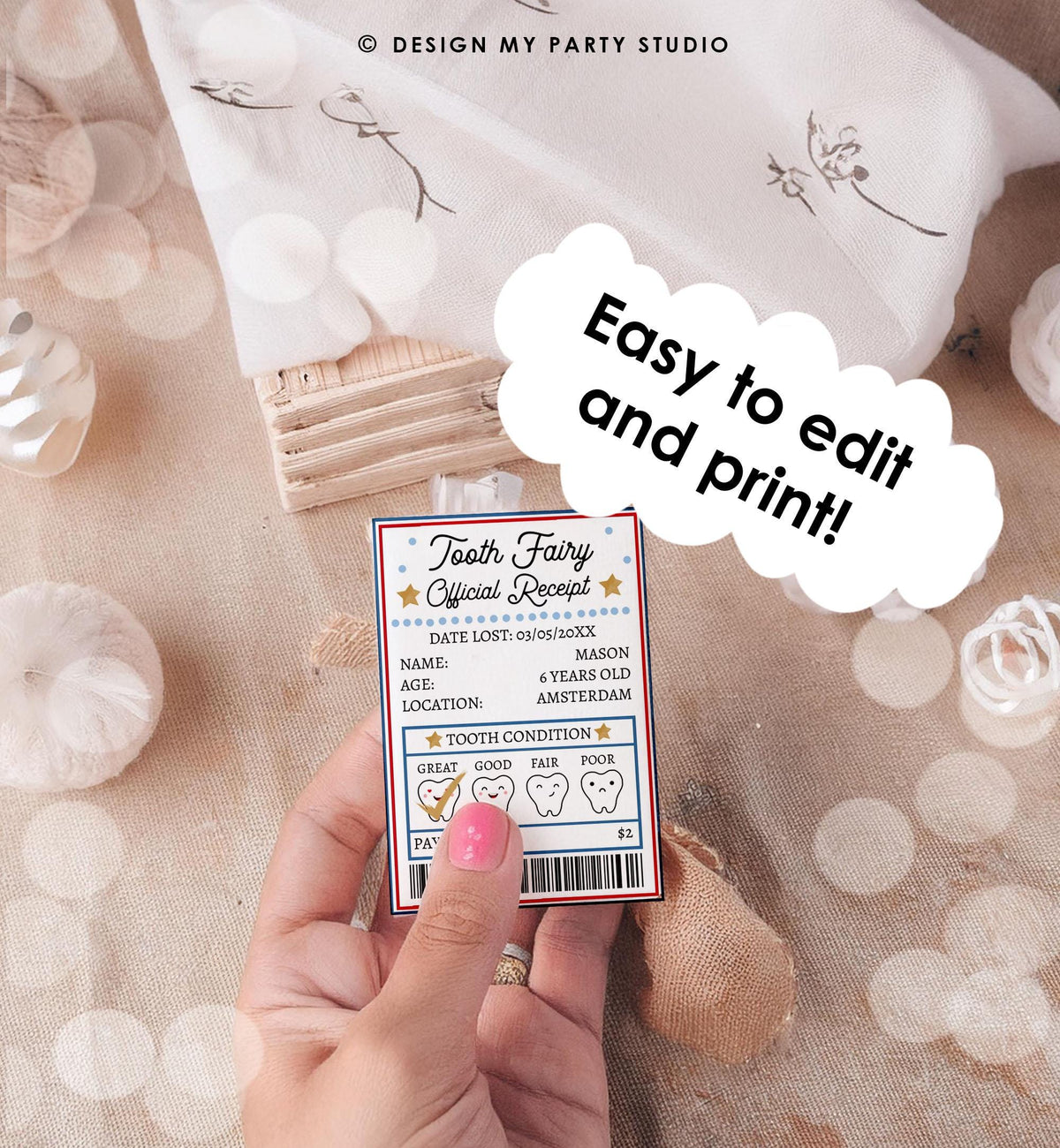 Editable Mini Tooth Fairy Set Receipt and Letter with Envelope Tooth Fairy Kit Lost Tooth Fairy Note Boys Digital Template Printable 0526