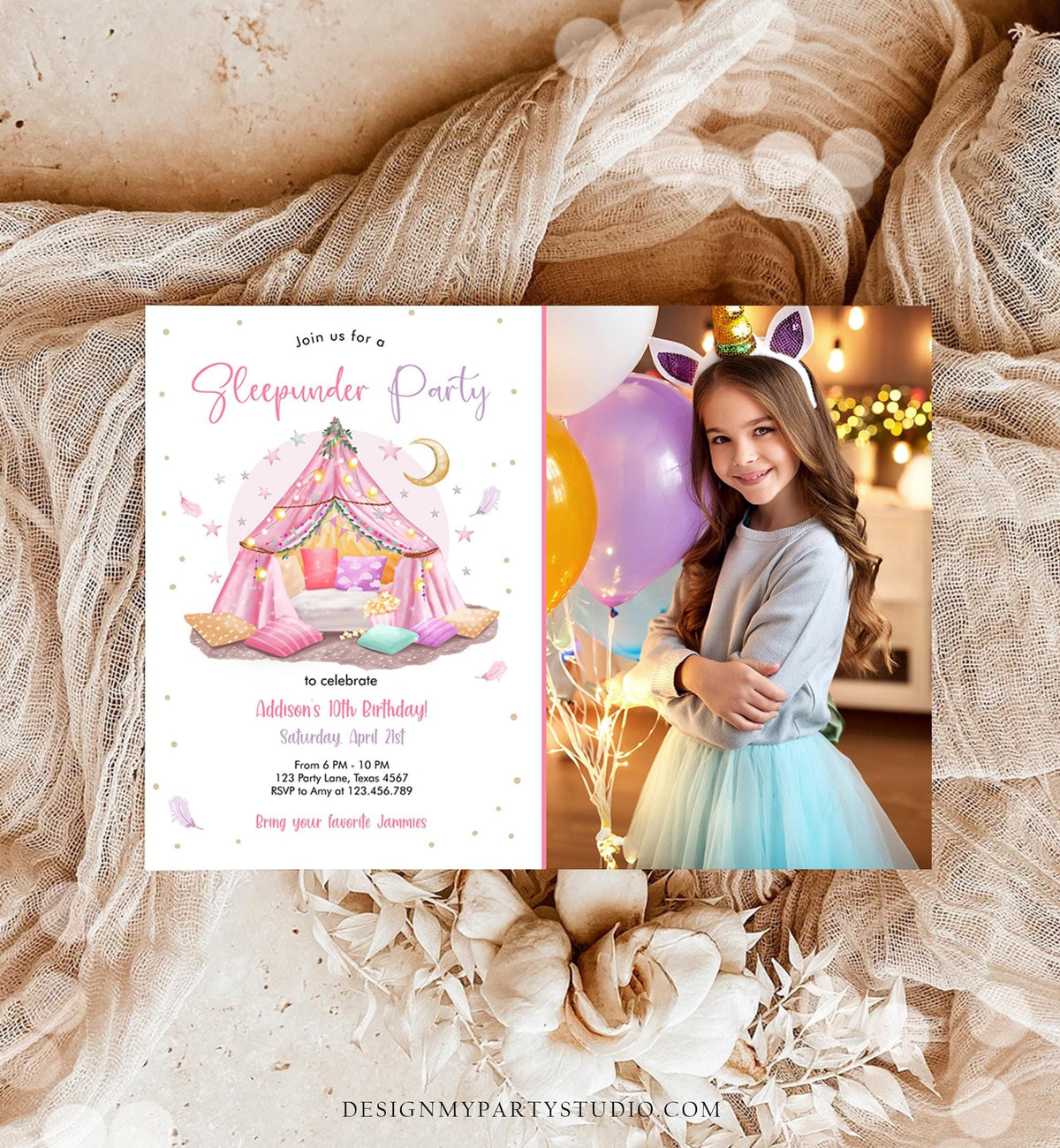 Editable Sleepunder Party Birthday Invitation Slumber Party Invite Pink Spa Tween Teen Glamping Movie Digital Evite Template Printable 0499