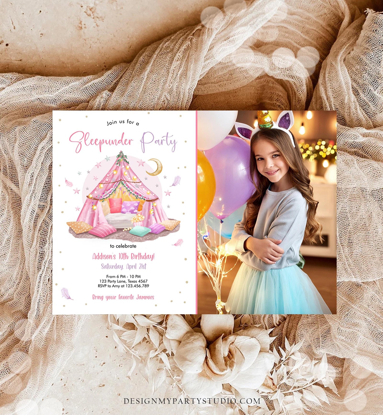 Editable Sleepunder Party Birthday Invitation Slumber Party Invite Pink Spa Tween Teen Glamping Movie Digital Evite Template Printable 0499