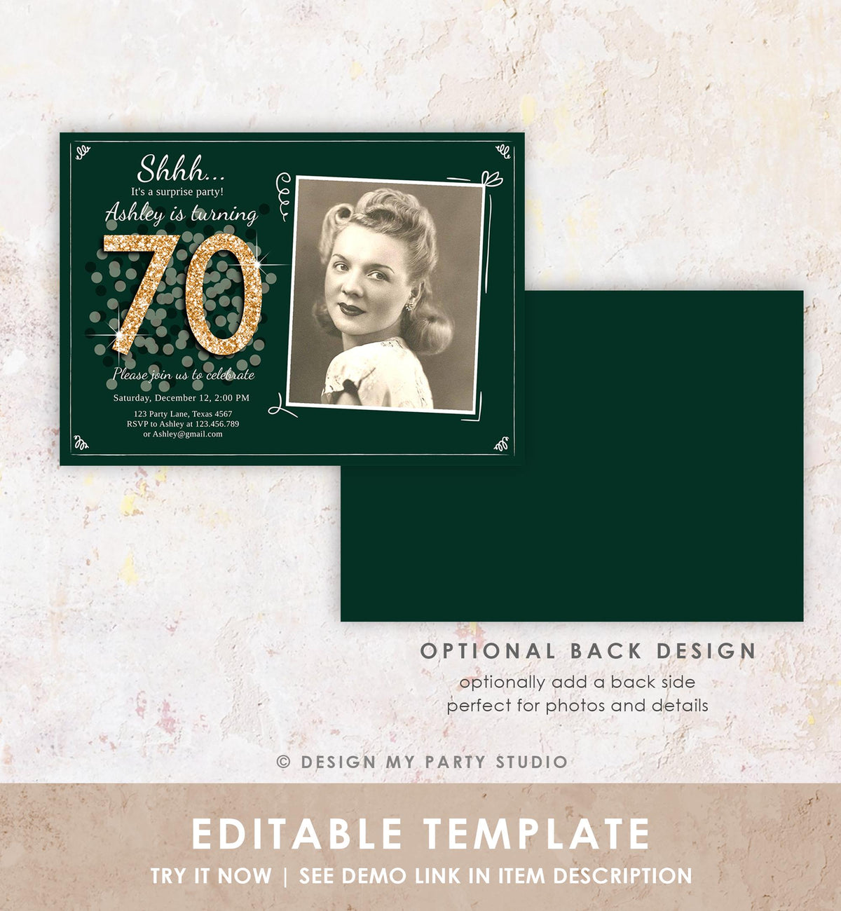 Editable ANY AGE Surprise Birthday Invitation Adult 70th Party Rustic Emerald Green Gold Glitter Photo Digital Evite Template Printable 0103