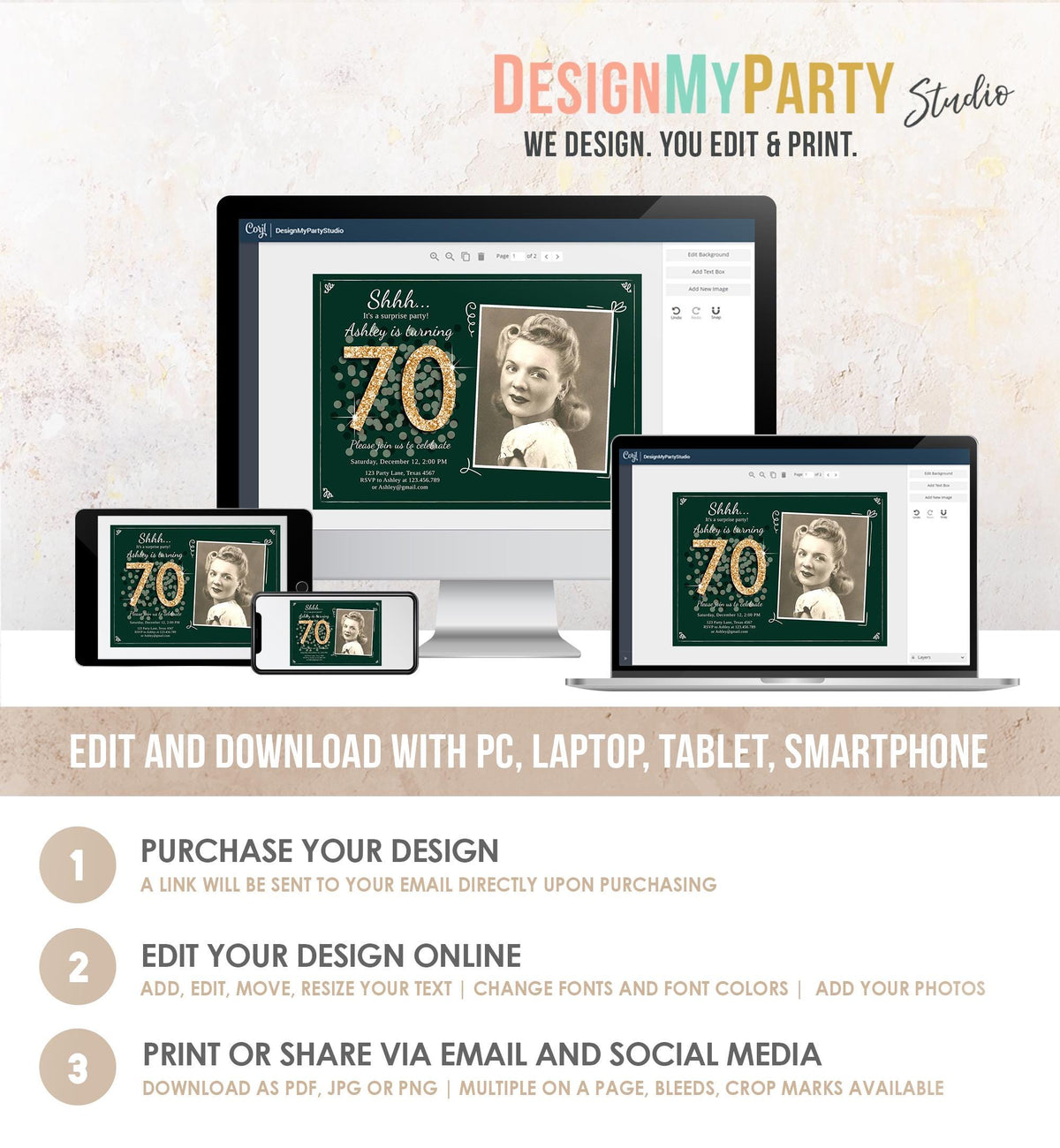 Editable ANY AGE Surprise Birthday Invitation Adult 70th Party Rustic Emerald Green Gold Glitter Photo Digital Evite Template Printable 0103