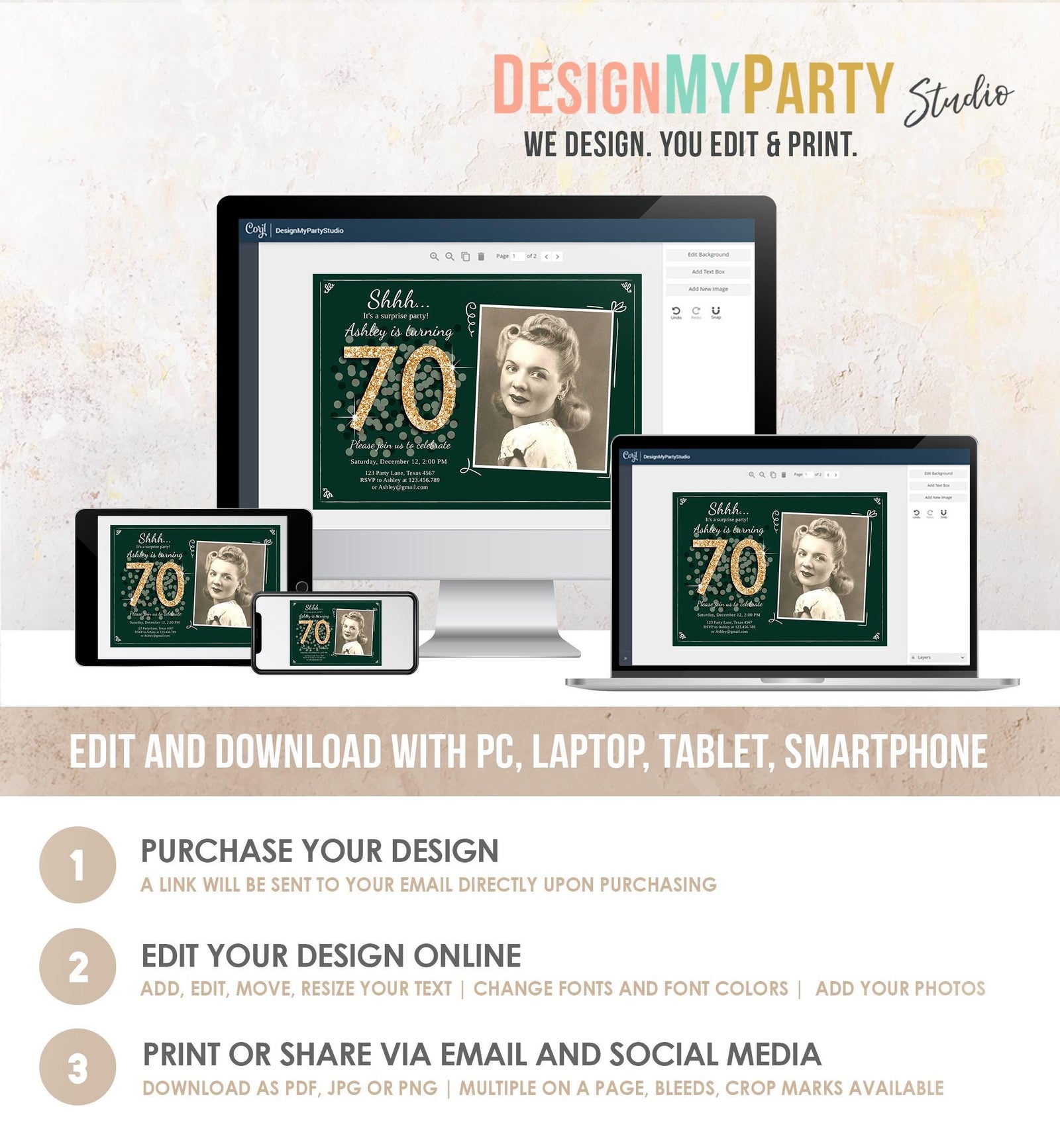 Editable ANY AGE Surprise Birthday Invitation Adult 70th Party Rustic Emerald Green Gold Glitter Photo Digital Evite Template Printable 0103