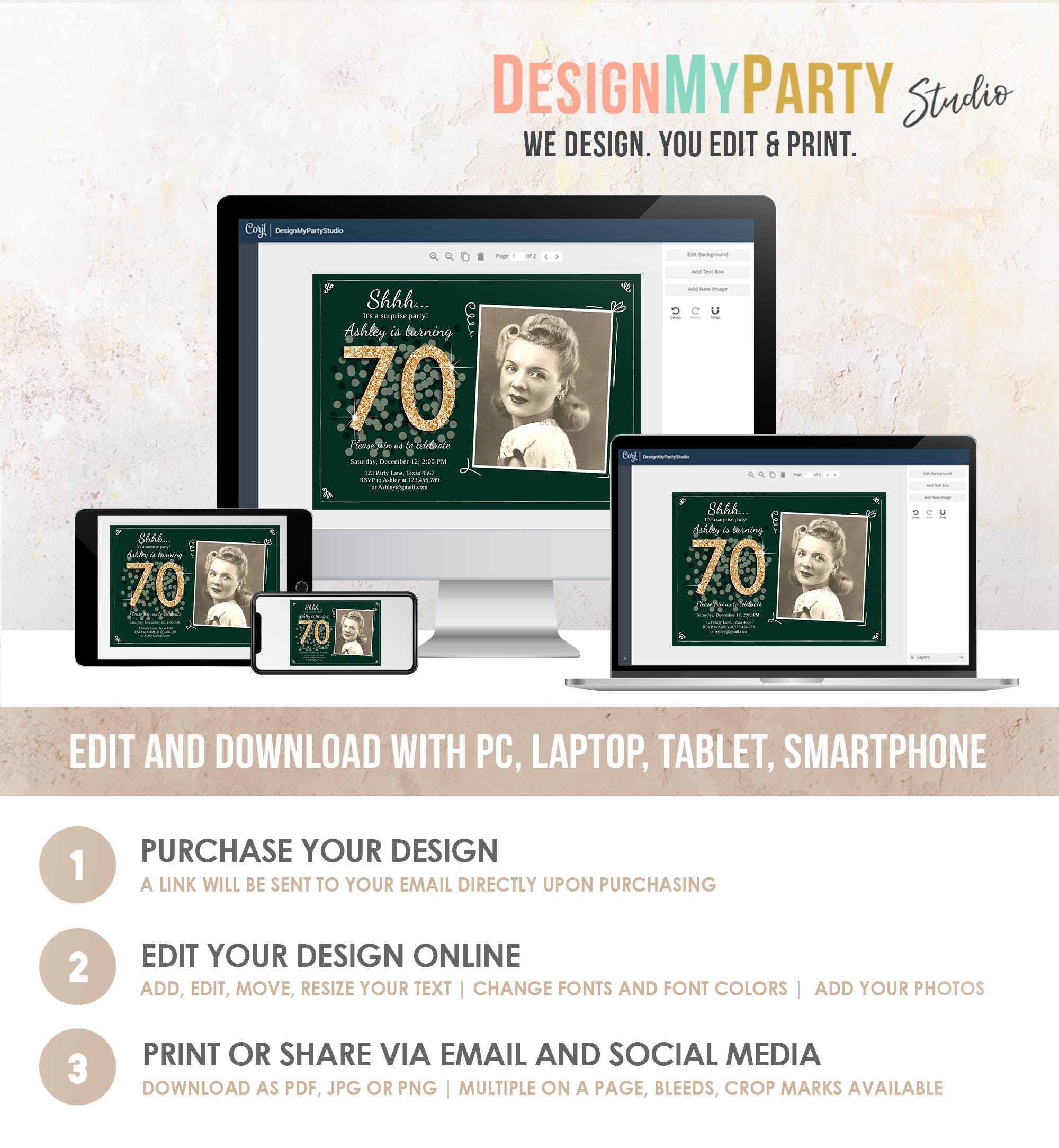 Editable ANY AGE Surprise Birthday Invitation Adult 70th Party Rustic Emerald Green Gold Glitter Photo Digital Evite Template Printable 0103