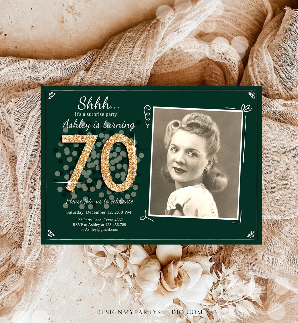 Editable ANY AGE Surprise Birthday Invitation Adult 70th Party Rustic Emerald Green Gold Glitter Photo Digital Evite Template Printable 0103
