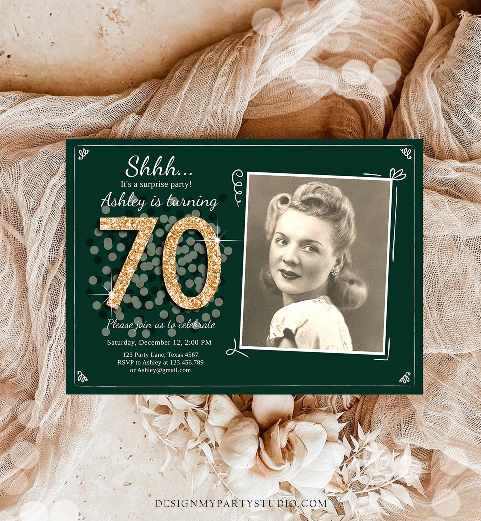 Editable ANY AGE Surprise Birthday Invitation Adult 70th Party Rustic Emerald Green Gold Glitter Photo Digital Evite Template Printable 0103
