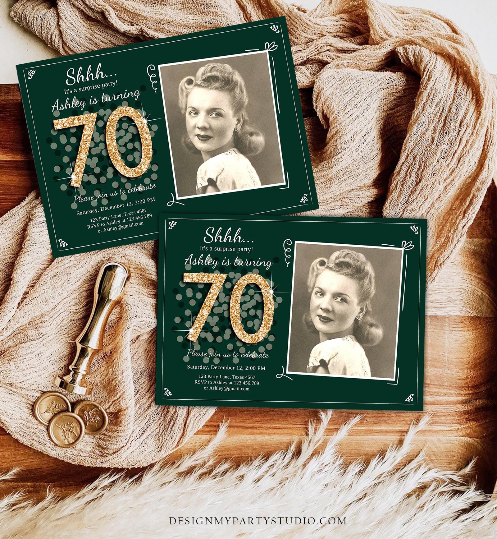 Editable ANY AGE Surprise Birthday Invitation Adult 70th Party Rustic Emerald Green Gold Glitter Photo Digital Evite Template Printable 0103