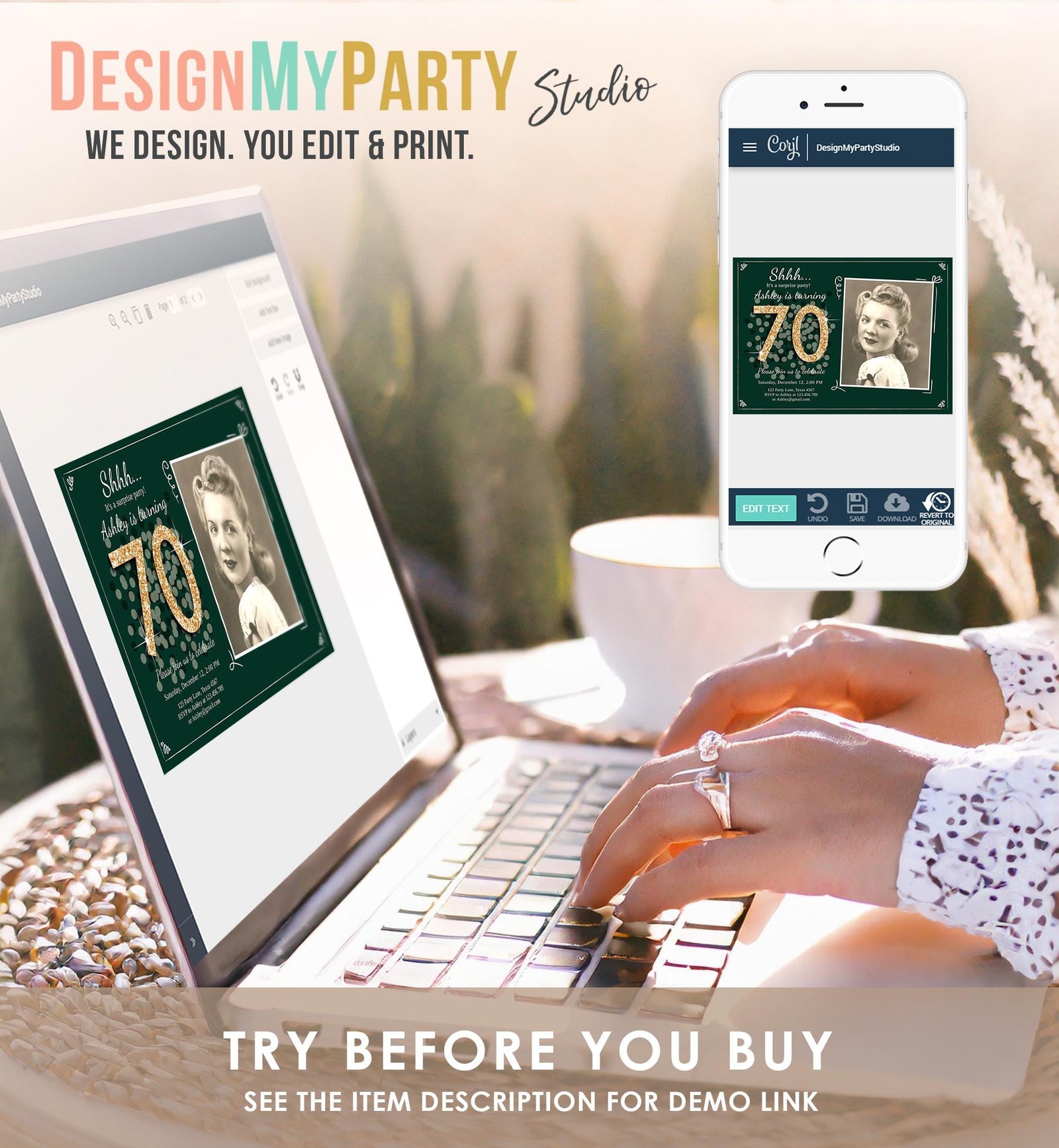 Editable ANY AGE Surprise Birthday Invitation Adult 70th Party Rustic Emerald Green Gold Glitter Photo Digital Evite Template Printable 0103